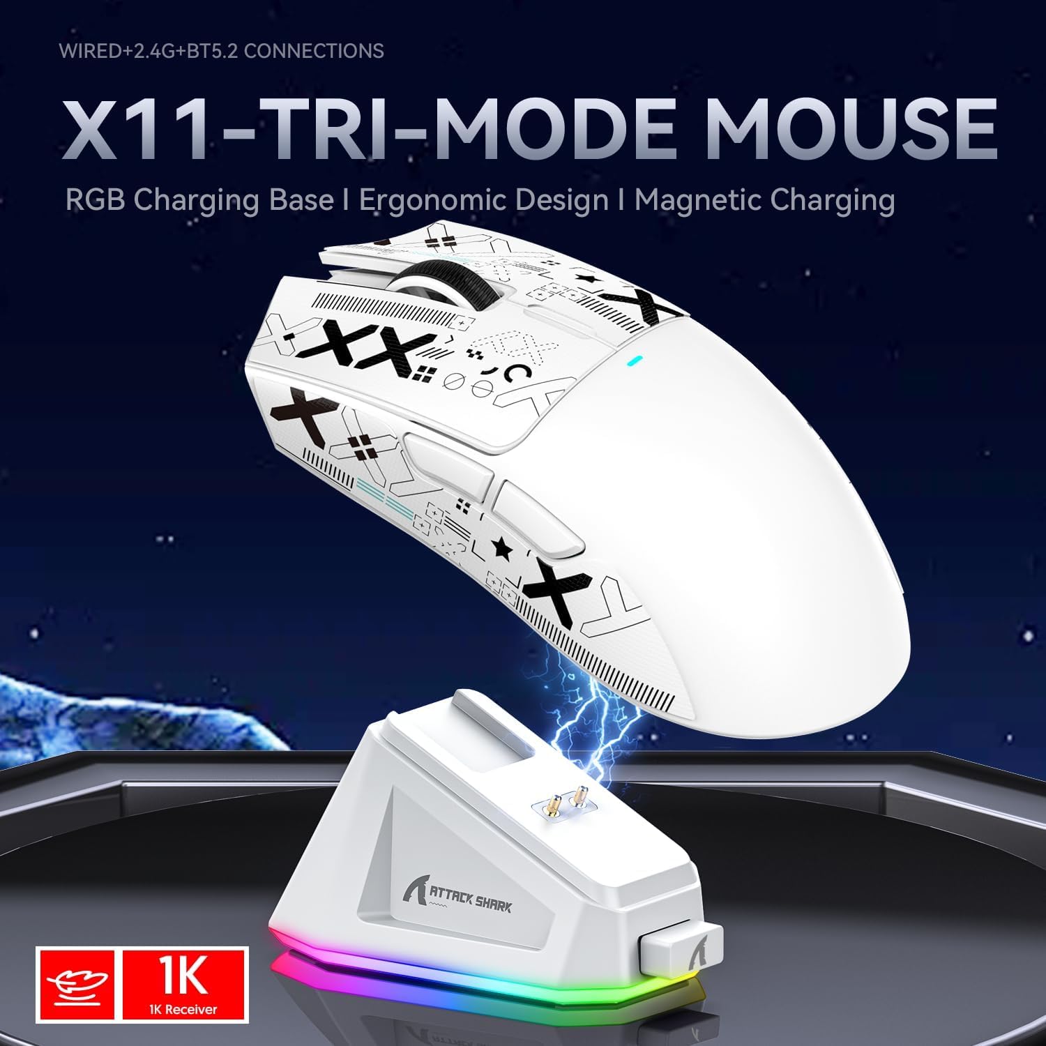 ATTACK SHARK Combo de teclado inalámbrico X68PROHE y ratón para juegos X11, BT/2.4G/con cable, interruptor magnético de disparo rápido de 8KHz, PixArt PAW3311, 22000DPI, cable C01PRO en espiral-Blanco
