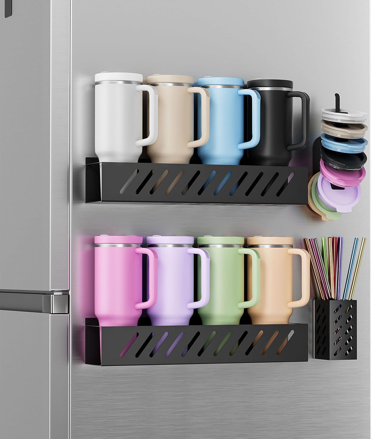 2-Pack Magnetic Stanley Cup Holder with Tumbler Lid & Straw Organizer for Full Stanley 30/40 oz Tumblers - Stores Bottle, Lid & Straw on Fridge/Iron - Removable - Image 8