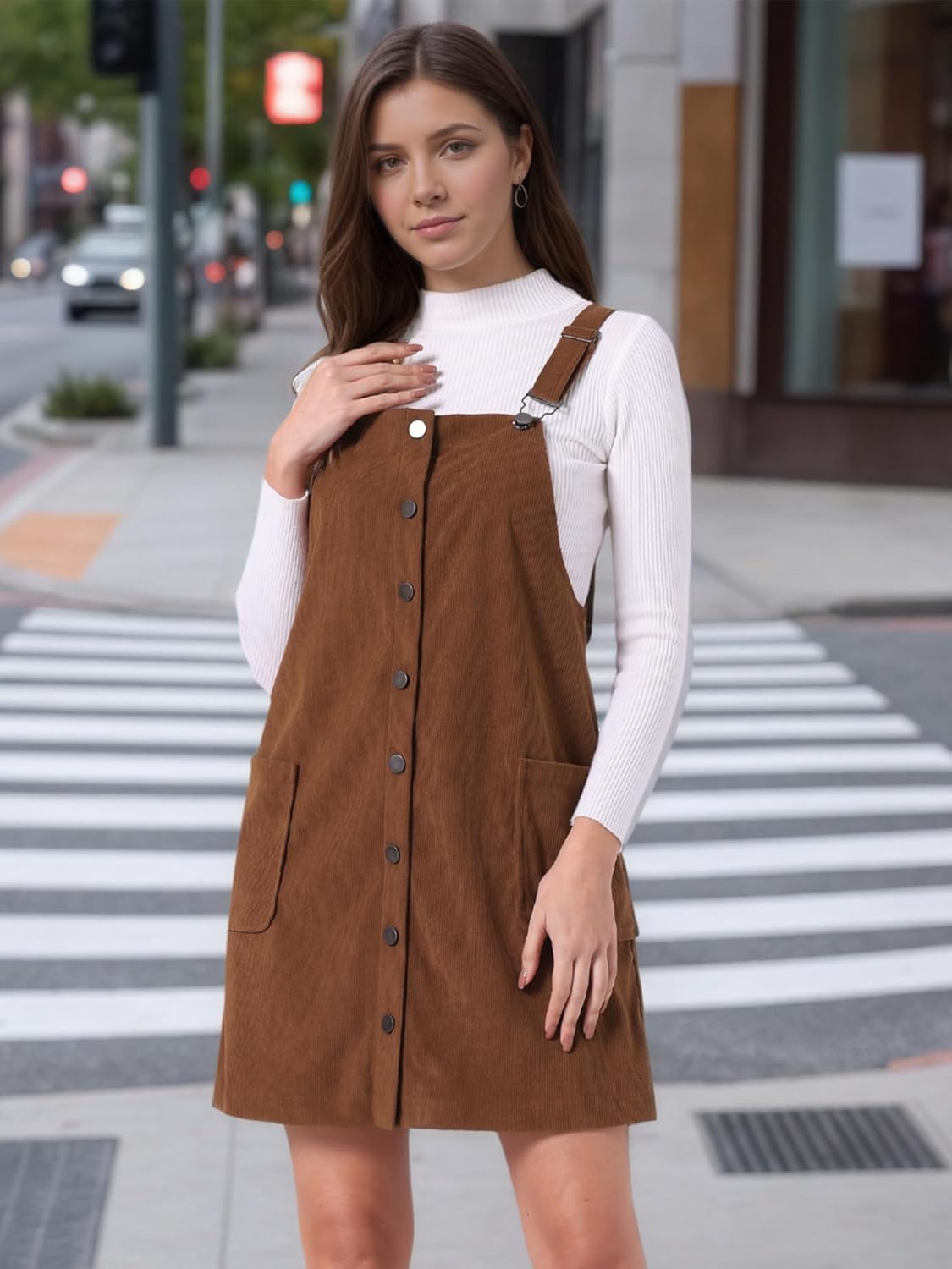 Allegra K Women's Corduroy Overall Dress Adjustable Straps Pinafore Suspender Dress Fall Clothes - Image 2