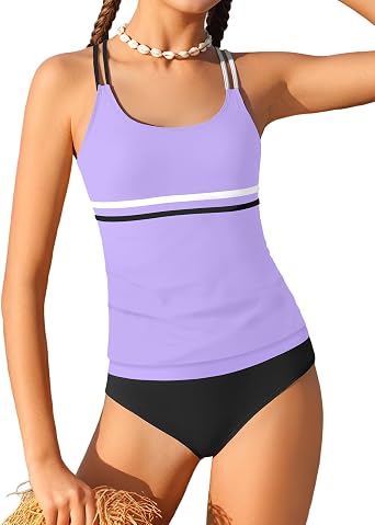 CRISONE Girl Swimsuit 2 Piece Ribbed Solid Color+Tropical Print Tankini Swimsuits Modest Swimwear Girl Bathing Suit for 9-16T