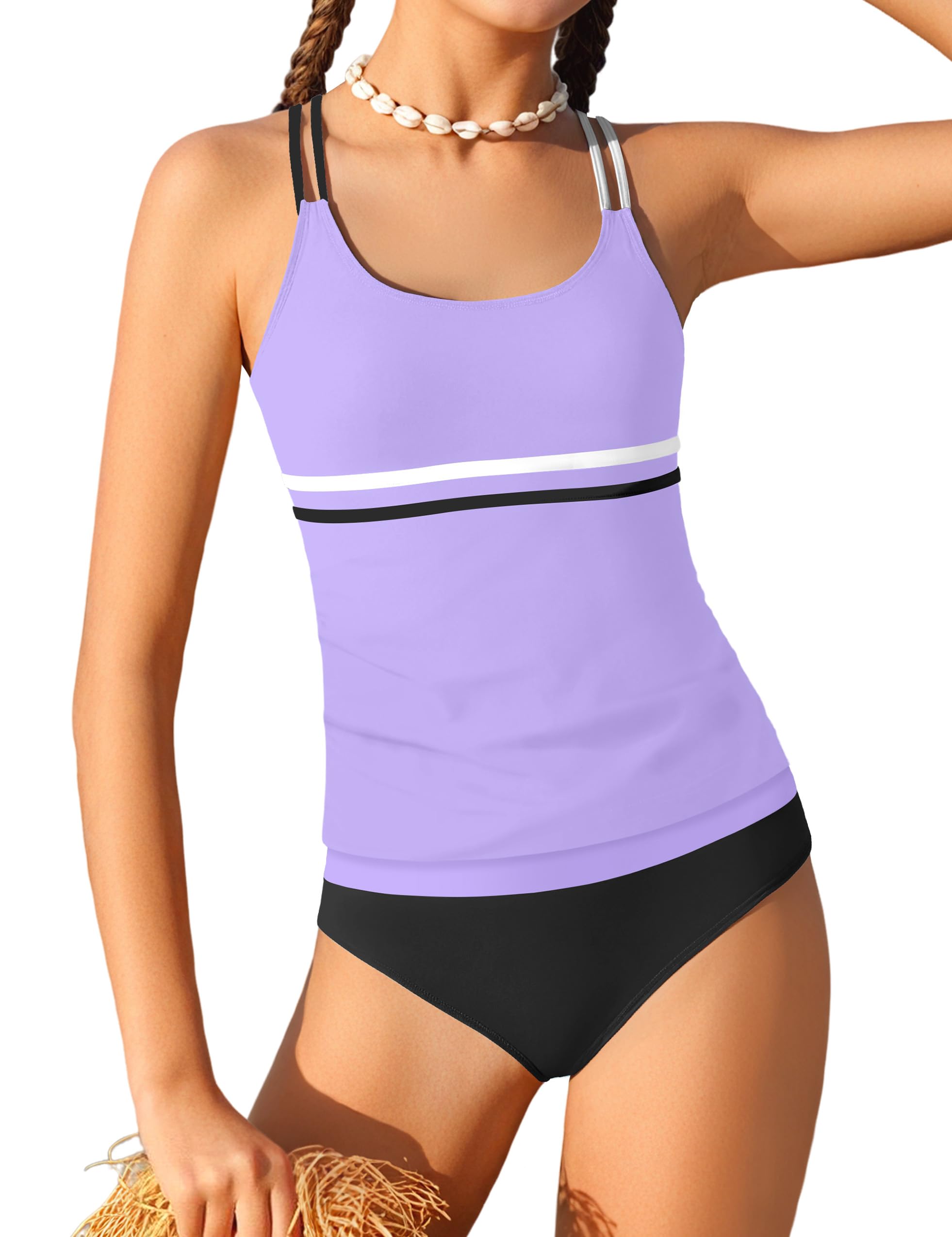 CRISONE Girl Swimsuit 2 Piece Ribbed Solid Color+Tropical Print Tankini Swimsuits Modest Swimwear Girl Bathing Suit for 9-16T