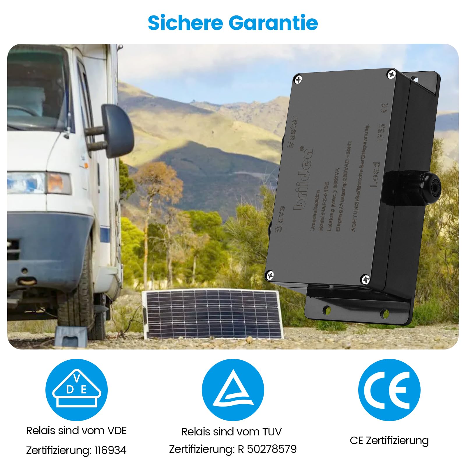 HAPS-01DE-B Umschaltstation für Netzvorrangschaltung, briidea Netzvorrangschaltung Wohnmobil 16A 230V, Umschaltstation 16A für Camping Landstrom Wechselrichter, KFZ, Boot, Outdoor, Solar, Schwarz