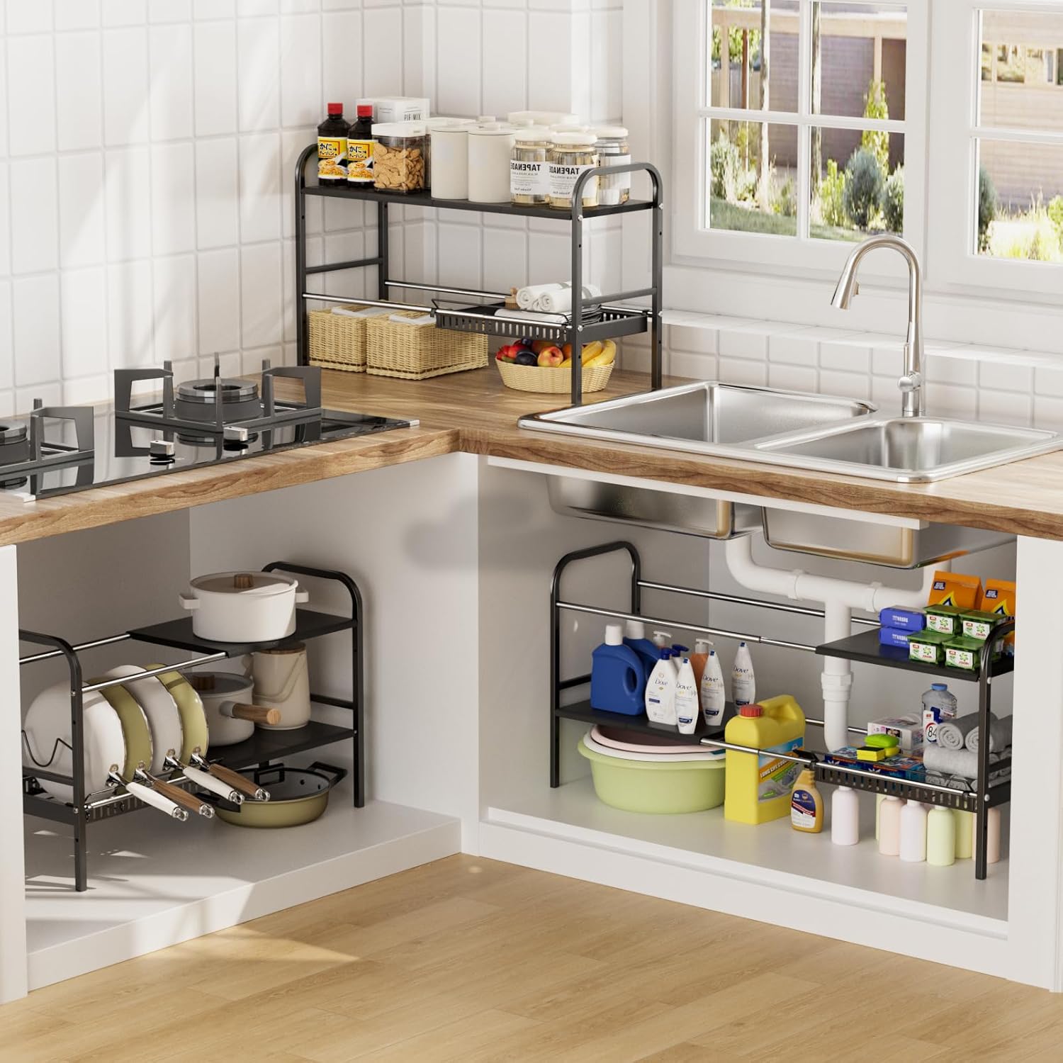 Under Sink Organizer 2 Tier Kitchen Storage Rack, Expandable Pot and Pan Organizer with Adjustable Height & 4 Dividers, Removable Kitchen Shelf for Cabinet, Countertop(4panels,1 Pot rack, Black)