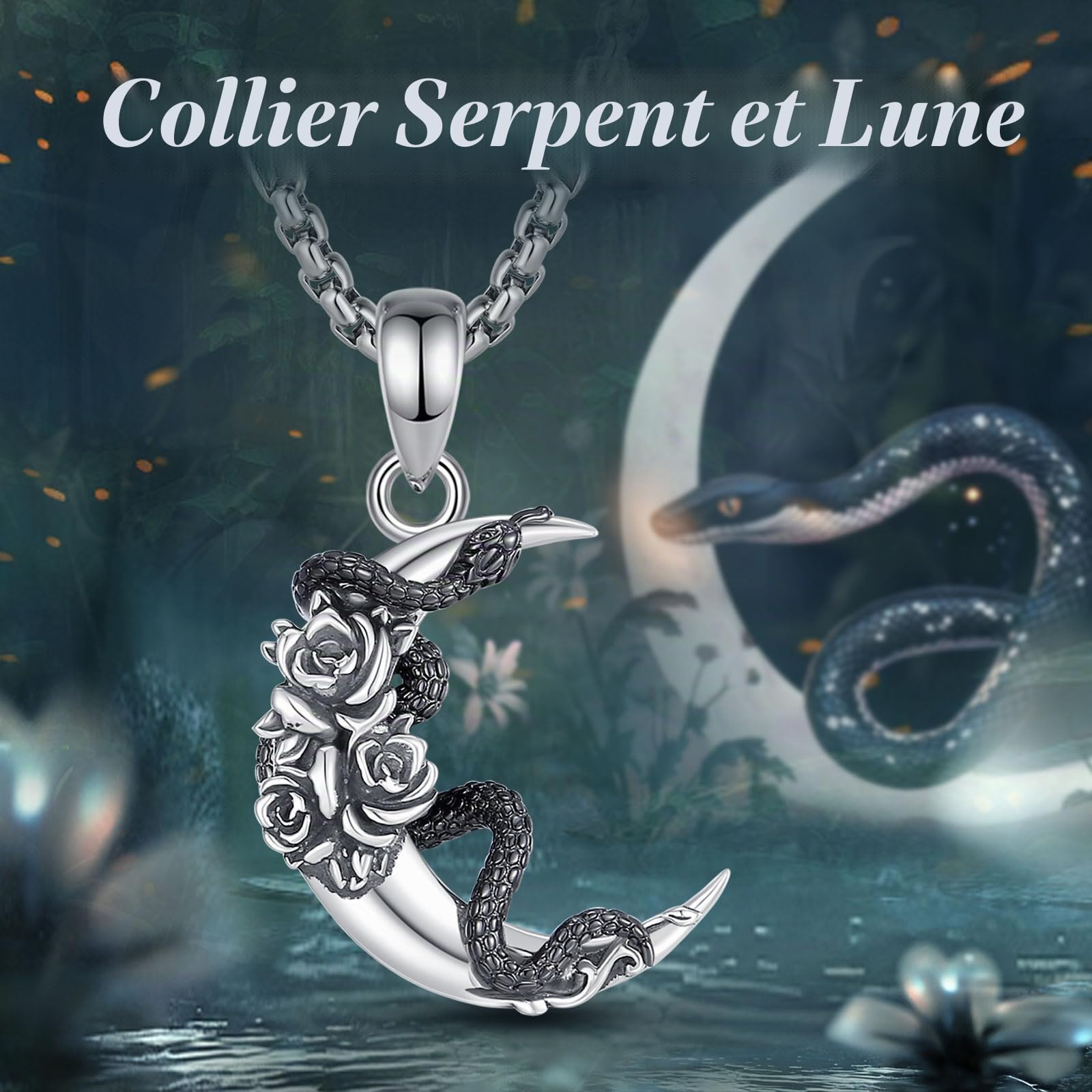 AEONSLOVE Collier Serpent Argent Sterling 925 pour Femme Fille Pendentif Lune Rose et Serpent Bijoux Wicca