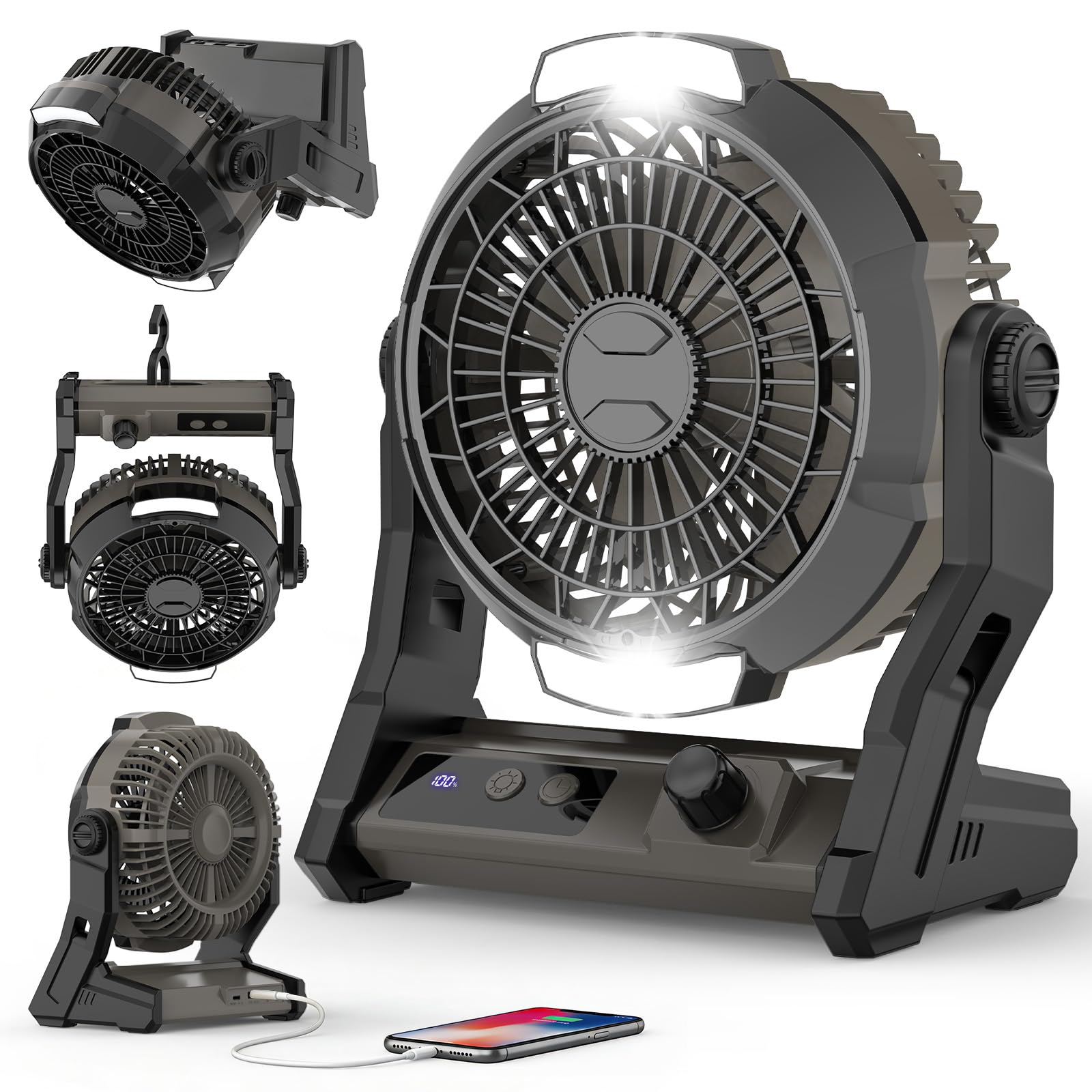 Electactic Camping Fan Rechargeable, 5-Speed Adjustable, 3-in-1 Desk & Hanging Fan, Timer & Night Light, Outdoor USB Power Bank Fan for Tent Travel Bedroom Office, Grey