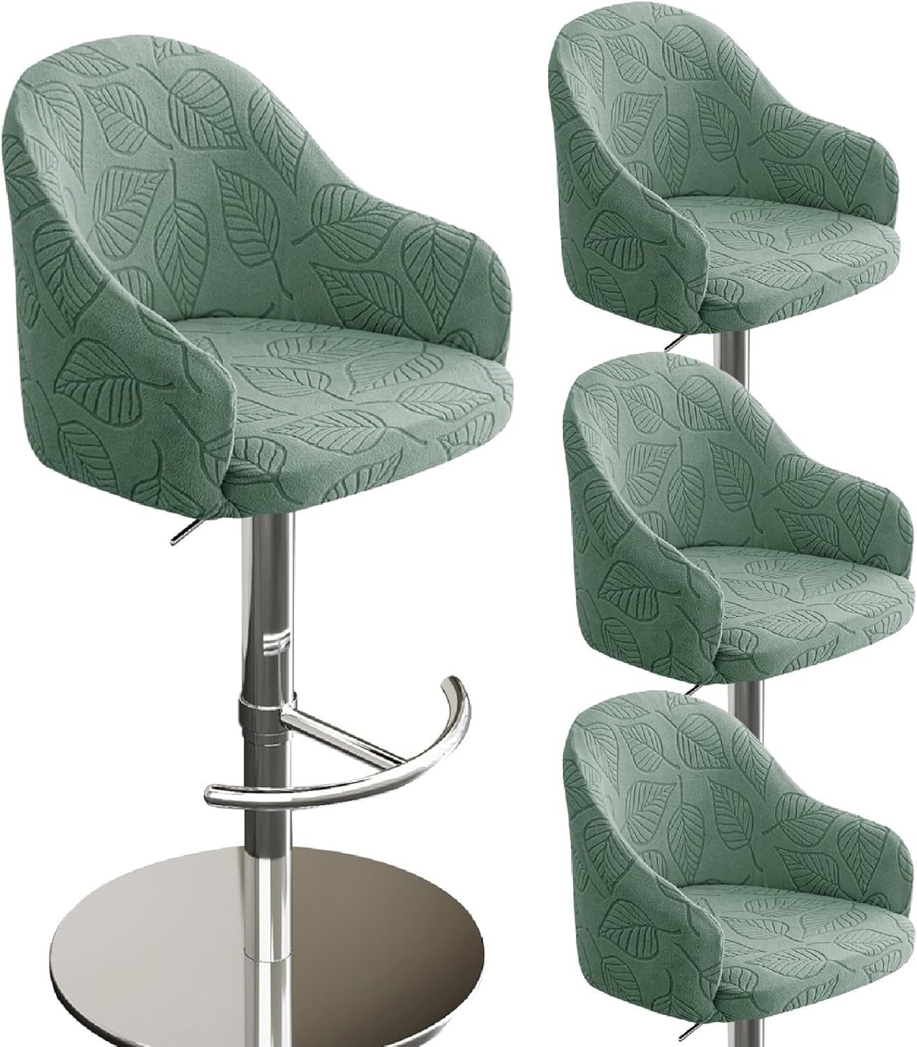 Bar Stool Covers, Swivel Chair Covers with Round Backs，Elastic Jacquard Short Back Chair Cover, Arms Curved Accent Counter Bar Stool Cover with Backs for Armchair,Kitchen Island(Green,4pcs)