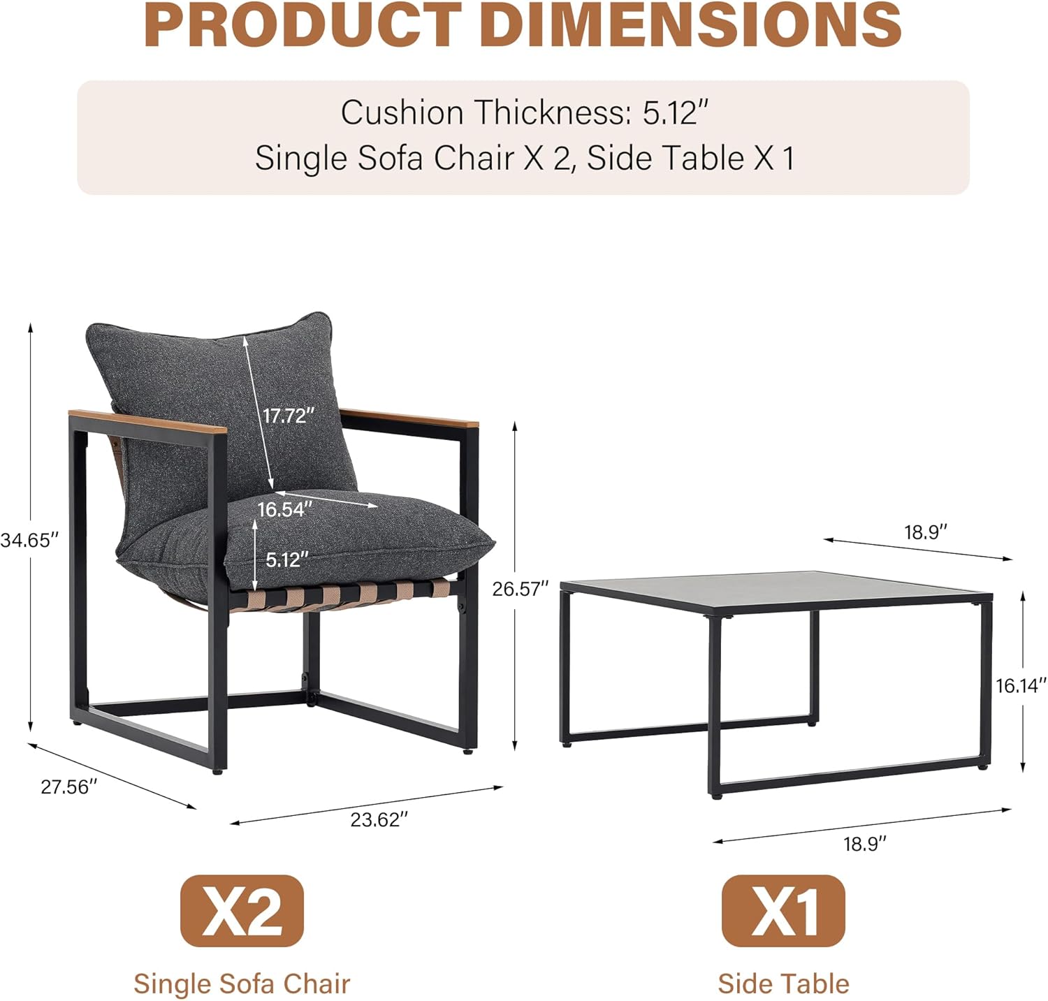 Detailed product dimensions for the single sofa chair and side table