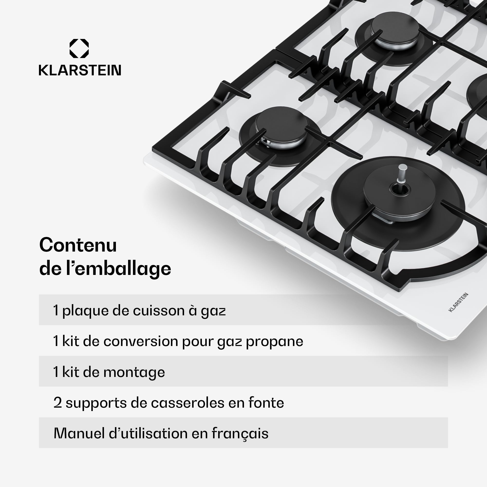 Klarstein Ignito Plaque de Cuisson Gaz, 4 Brûleurs Aluminium, 8000W, Minuterie, Sécurité Flamme, Fonte, Allumage Électrique, 60x51cm, Plaque Gaz GPL & Naturel, Blanc