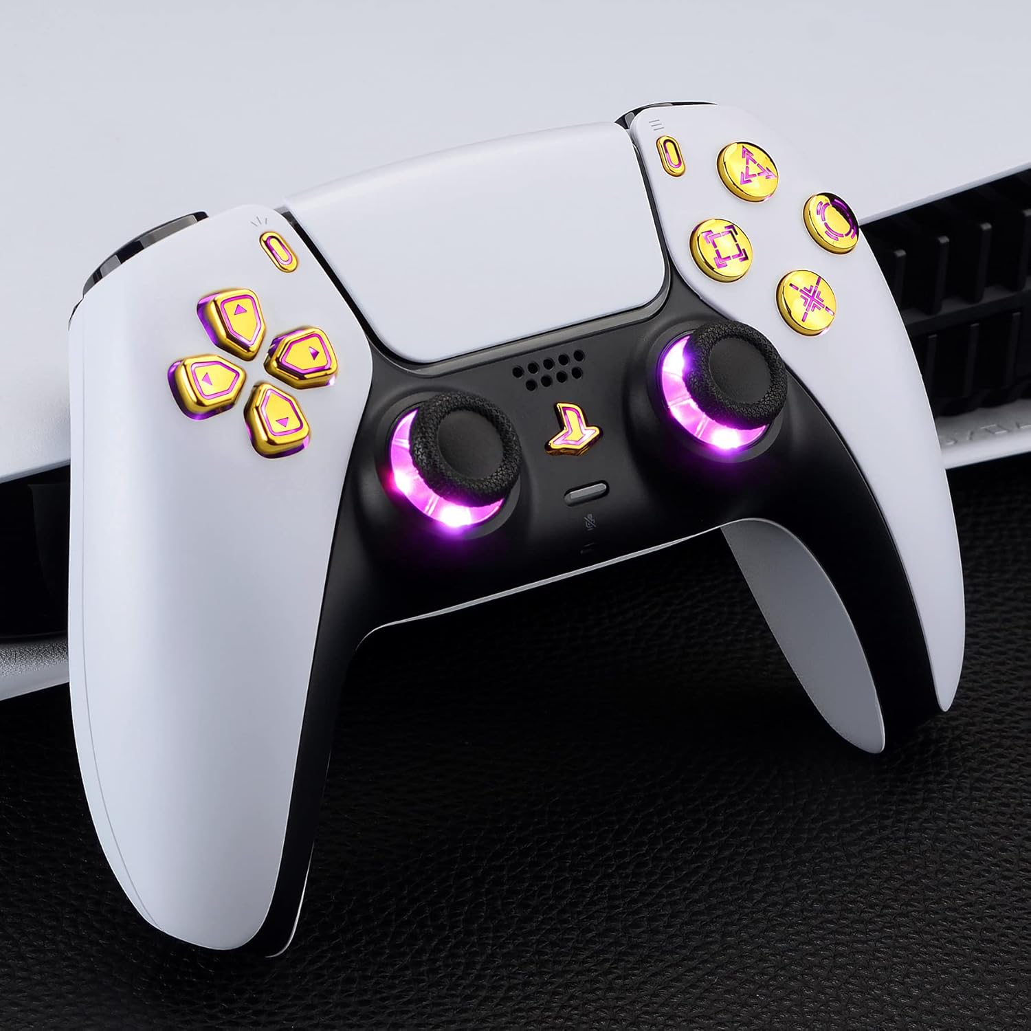 eXtremeRate Multi-Colors Luminated Dpad Thumbstick Share Home Face Buttons for PS5 Controller BDM 010 020, Chrome Gold Classical Symbols Buttons DTF V3 LED Kit for PS5 Controller - Without Controller
