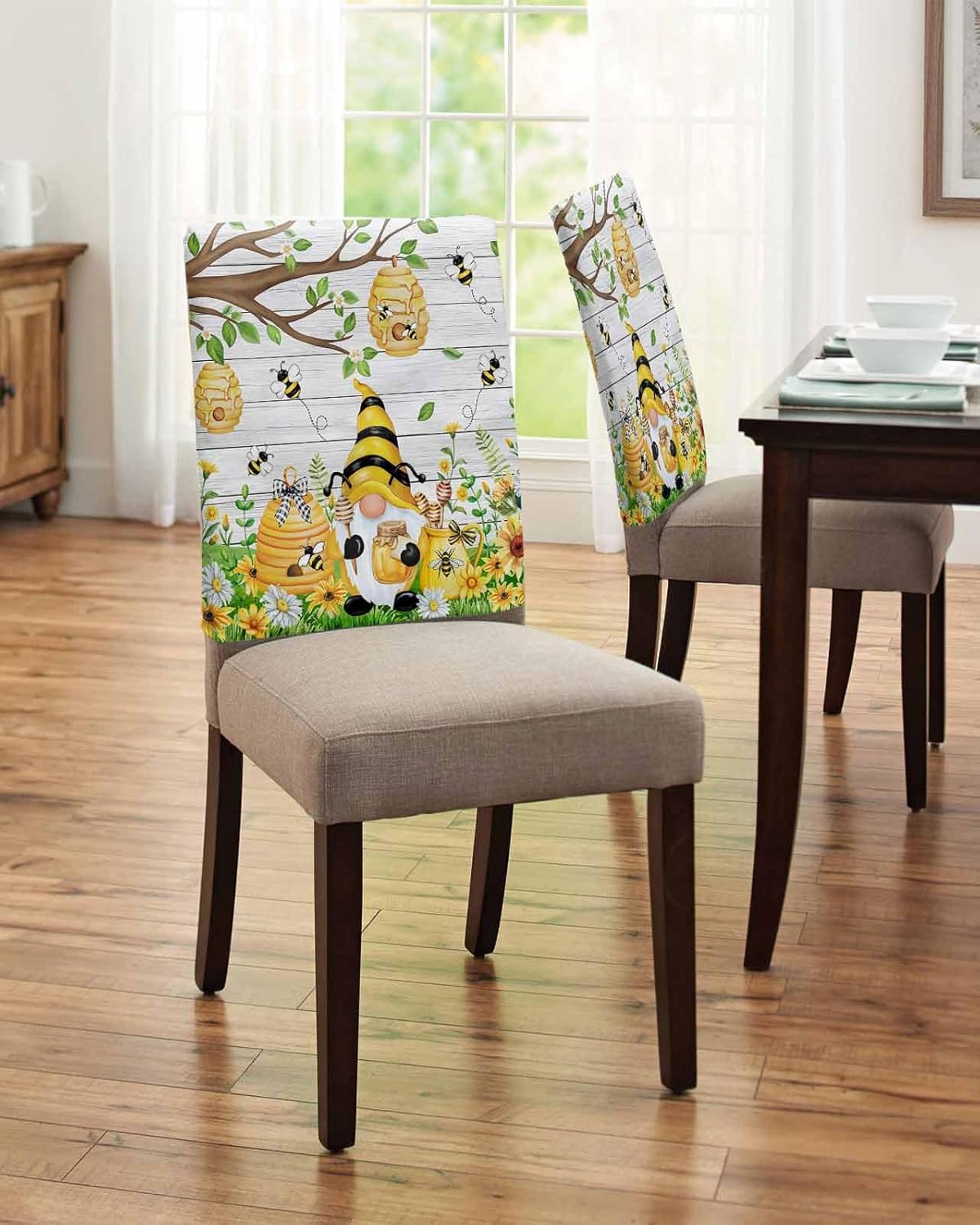 4 Packs Honey Gnomes Dining Chair Back Cover, Spring Summer Wood Grain Flower Decorative Kitchen Dinner Chair Seat Covers Washable Chair Slip Covers, Removable Slipcovers Protect for Dinning Room