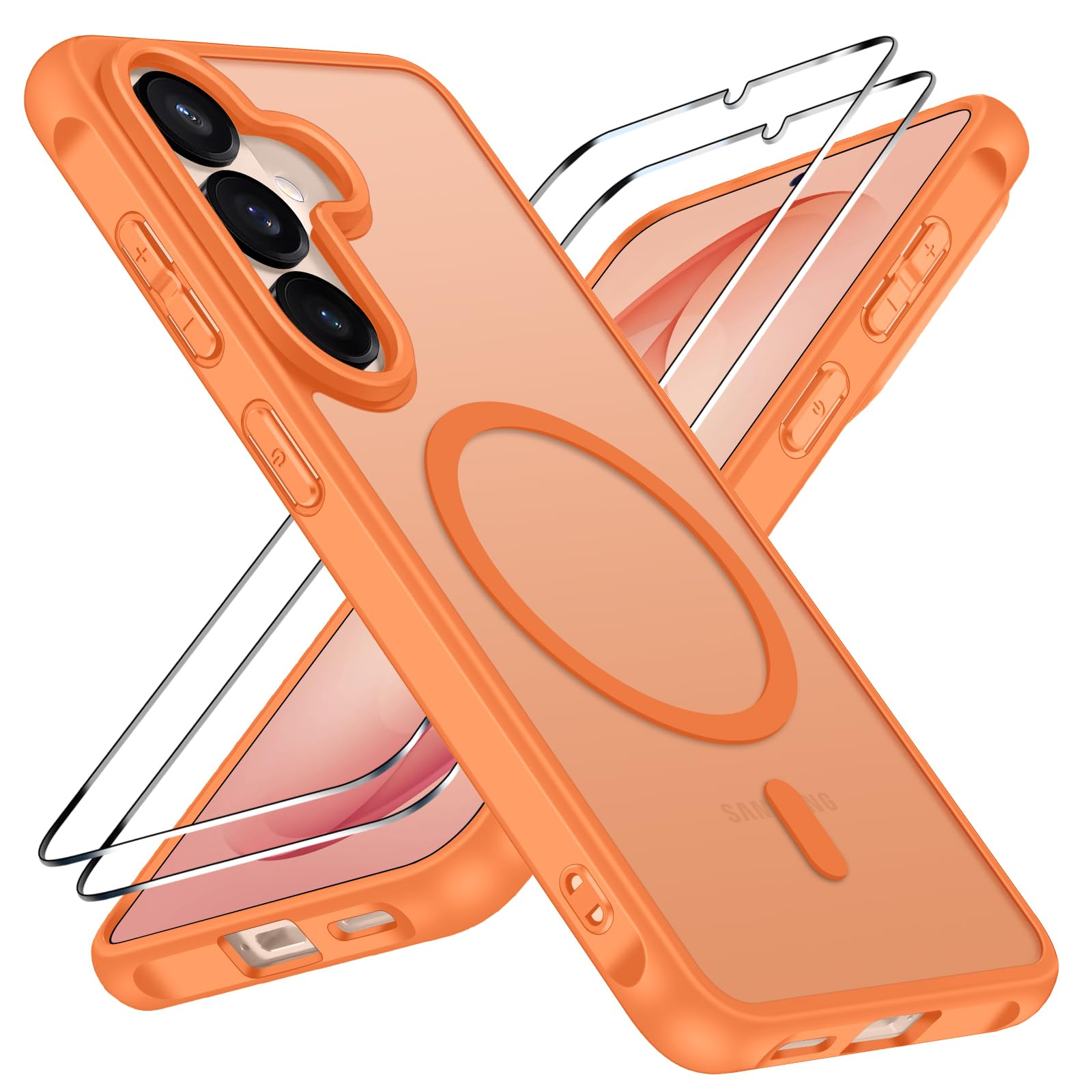 ivoler für Samsung Galaxy S26 Hülle, 1 Magnetisch Handyhülle mit 2 Stück Panzer Schutz Glas, [Kompatibel mit MagSafe] [Militärnorm Sturzschutz] Stoßfest Schutzhülle Silikon Case Matt Orange