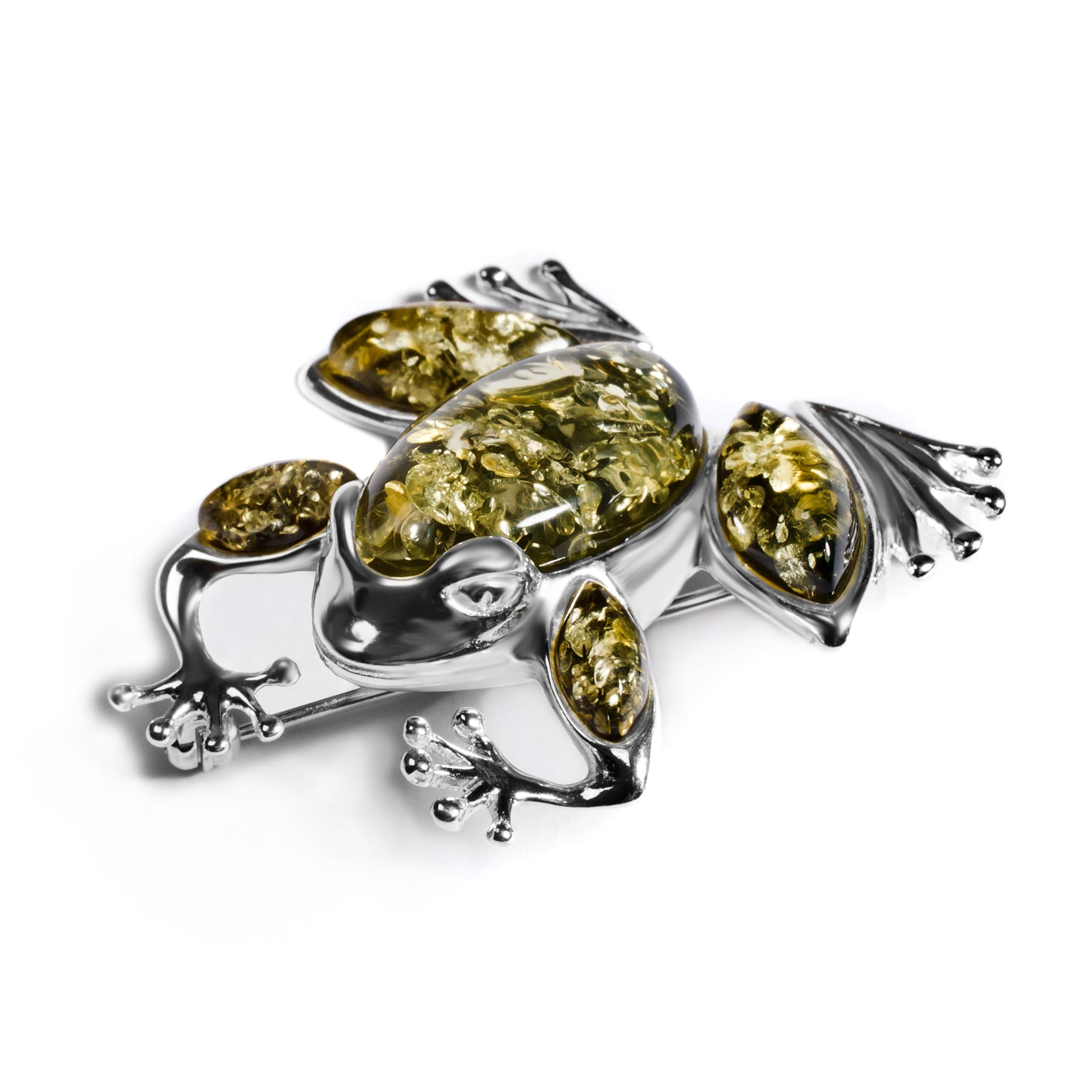 HENRYKA Frosch-Brosche aus 925er Sterlingsilber mit grünem baltischem Bernstein | Tierschmuck Geschenke für Frauen | elegant und detailliert | komplett mit massiver Silberbrosche | passt zu jedem