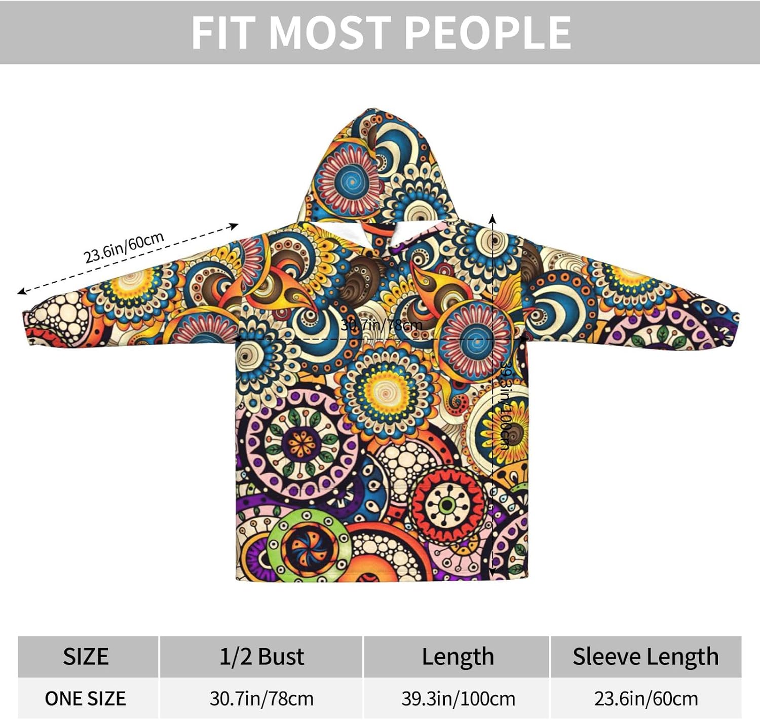 Ethnic Circles Floral Patternprint Oversized Hoodie Blanket, Super Soft Warm Comfortable Hoodie, Wearable Blanket Adult