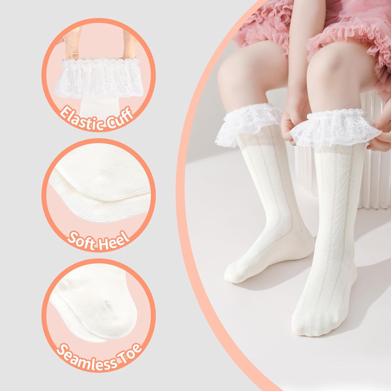 Baby Girls Knee High Socks Toddler Ruffle Lace 3 Pack for 0-5T | Frilly,White,Long Seamless Stockings,Dress Matching Socks
