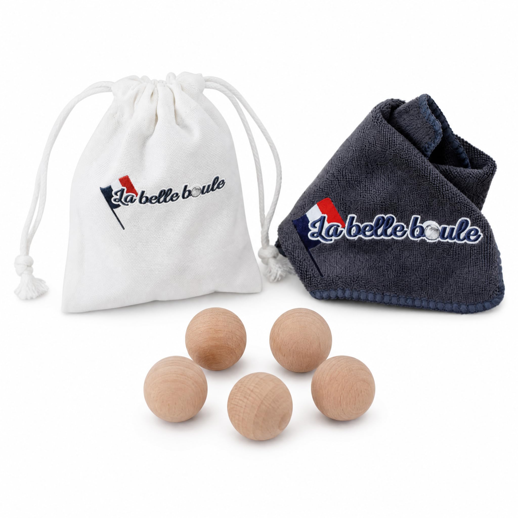 La hermosa bola | Kit de 5 cerditos petanca 30 mm madera haya, con bolsa y microfibra