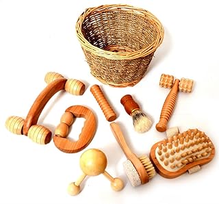 Playlearn 8pcs Birch Wood Massage Tools Set for Body Stress Relief-Wooden Massage Tool Set Rollers Shapes Brushing Presented in Willow Basket for Back Neck Shoulder Arms Legss
