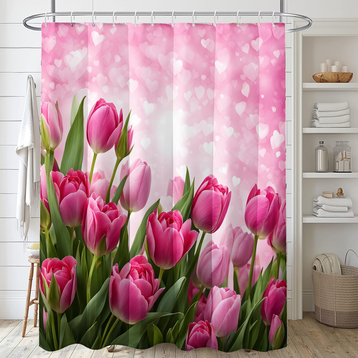 GLWDMB 1 Piece 120x180CM Romantic Heart-Themed Tulip Printed Shower Curtain With Hook, Polyester, for Windows And Walls, Bathtub, Bathroom, Machine Washable, All Season Universal