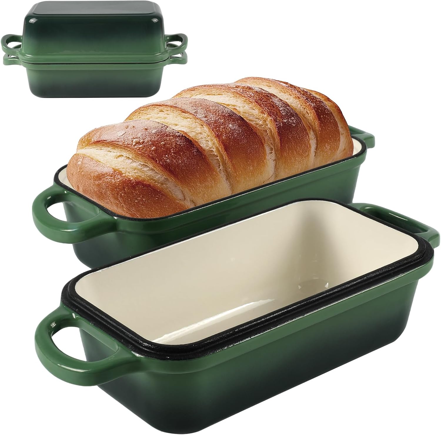 9 x 5 Inch Bread Pan Enameled Cast Iron Loaf Pan with Lid for Baking, 2 in 1 Non-stick Sourdough Bread Loaf Pan for Homemade Bread, Oven & Stovetop Safe for Gas, Electric & Induction, Green