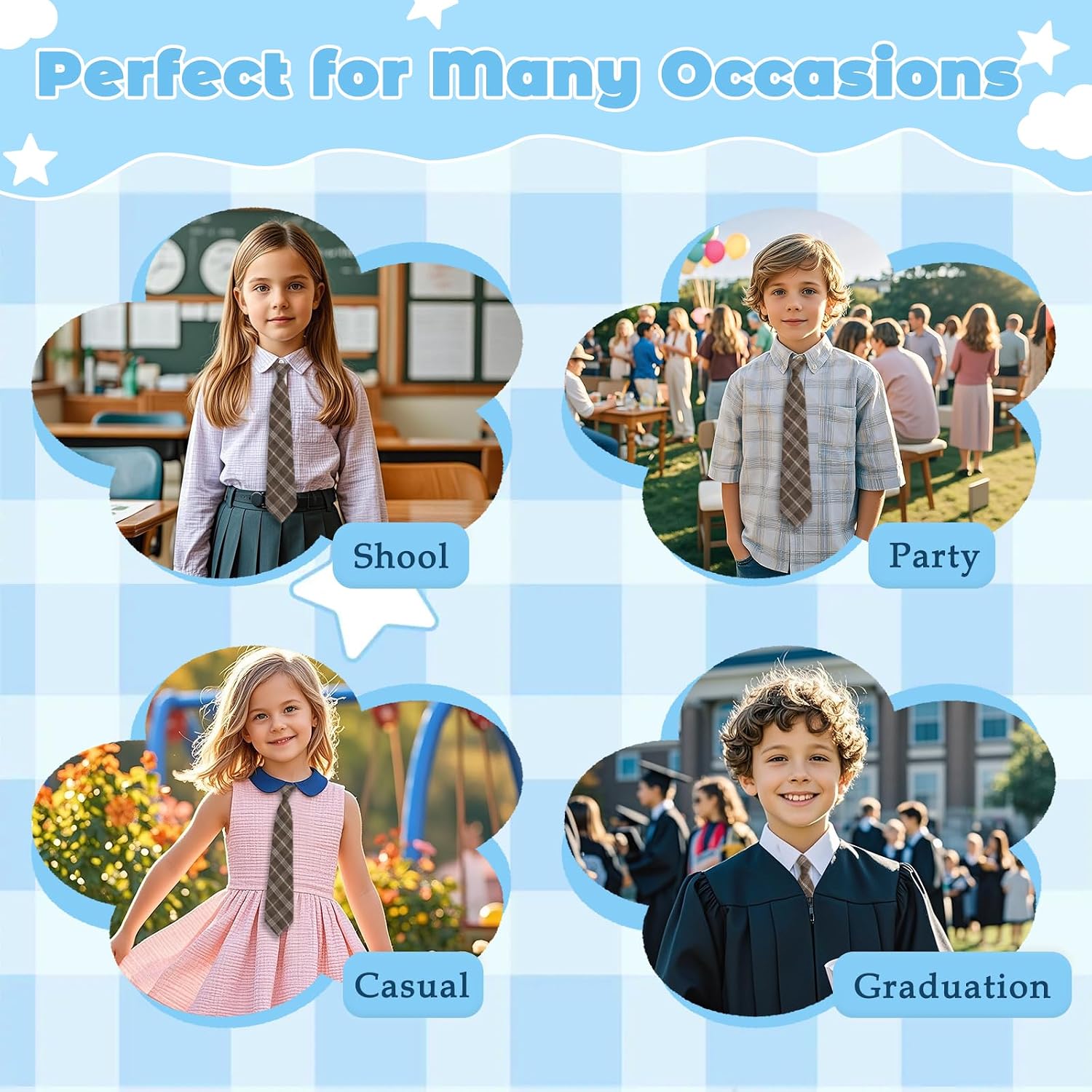 Plaid Boys Tie, Pre-tied Kids Ties Adjustable Boy's Necktie for School Uniforms Graduation Party Prom