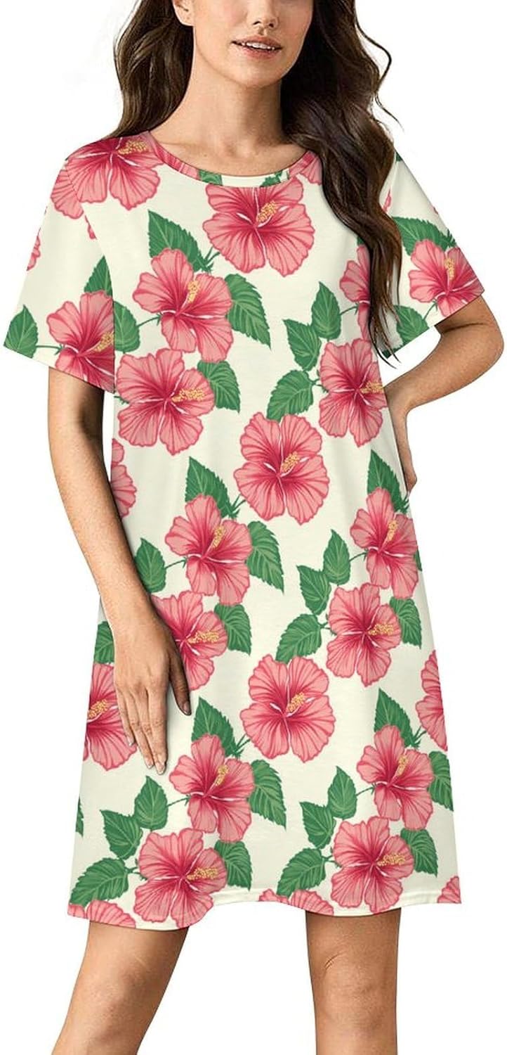 Hawaiian Hibiscus Flowers Nightgowns for Women Short Sleeve Sleep Dress Casual Sleepshirt Night Gowns Pajamas