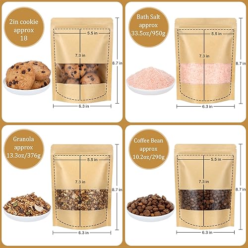 Miniatura 3 de Blisstime Bolsas de pie, paquete de 50 bolsas de papel kraft con cierre de cremallera con ventana mate y muesca de desgarro, bolsas resellables para