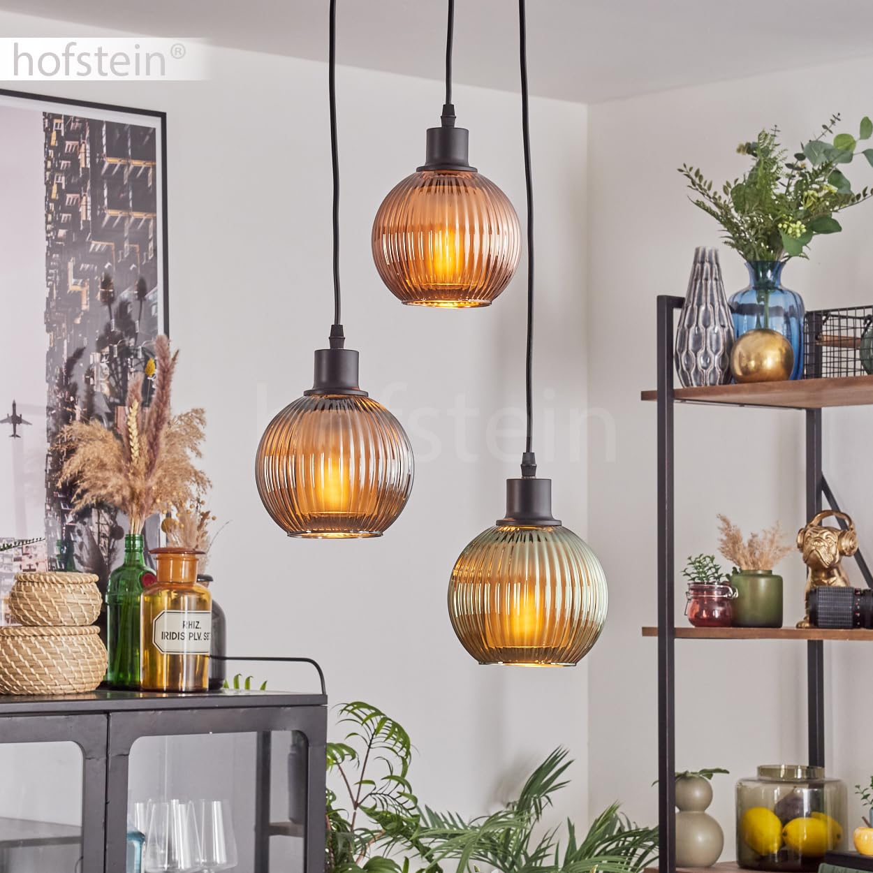 HOFSTEIN Hängeleuchte Mo, Hängelampe aus Metall/Riffelglas in Schwarz/Grün/Blau/Kupferfarben, Leuchte im modernen Vintage-Design mit Schirmen aus Glas, Höhe max. 119 cm, 3 x E27, ohne Leuchtmittel