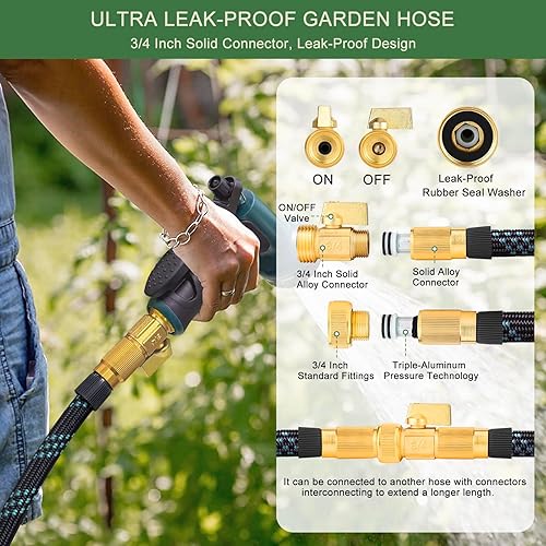 Miniatura 4 de Manguera de jardín no expandible de 50 pies, manguera de agua ligera y flexible con boquilla rociadora de 10 patrones, a prueba de fugas, sin