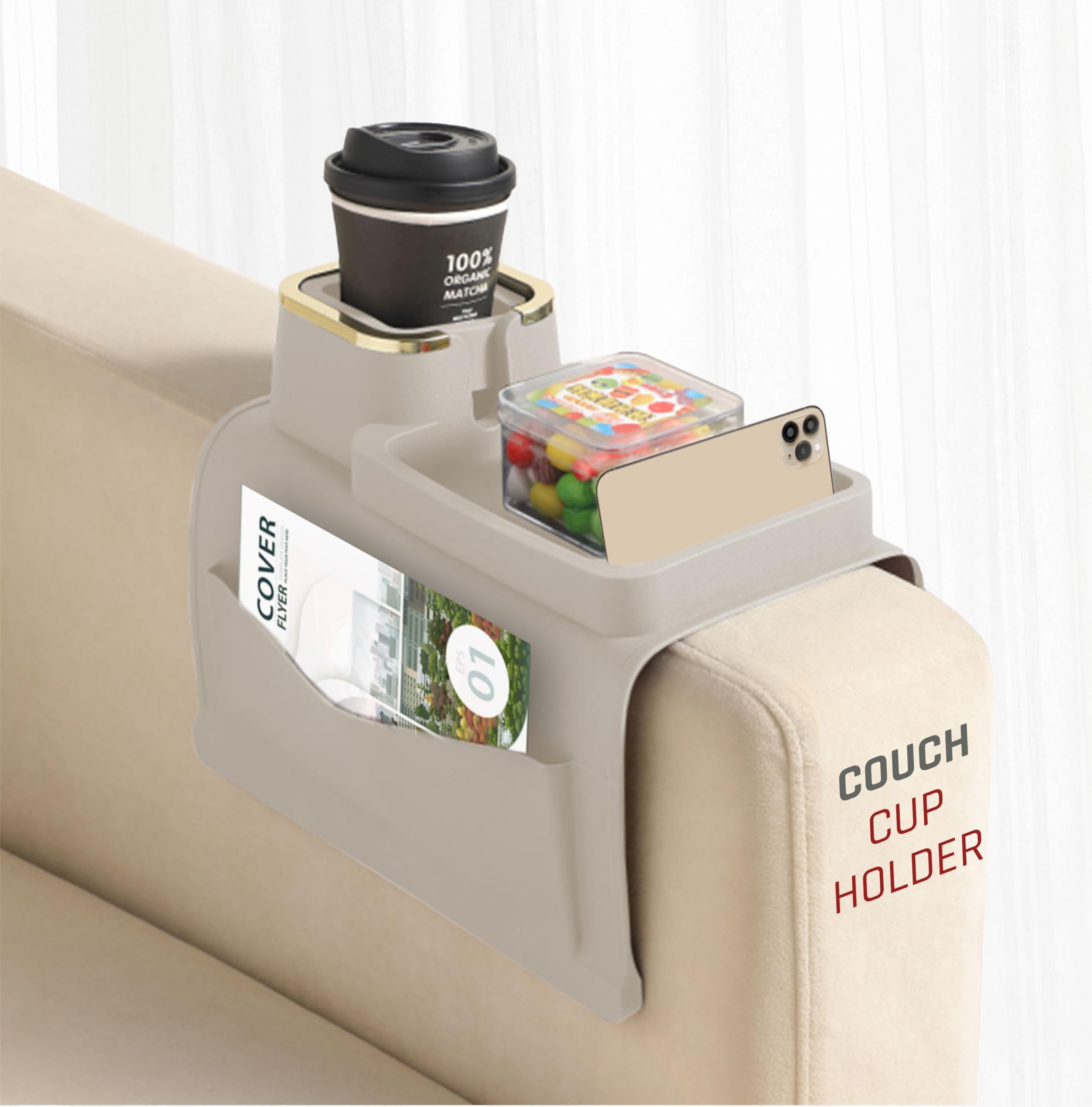 Wooden Couch Cup Holder, Sofa Side Table, Anti-Slip Drink Coaster Organizer, Easy-to-Use Clamp, Multi-Purpose for Snacks/Drinks, General Fit for Sofas and Chairs