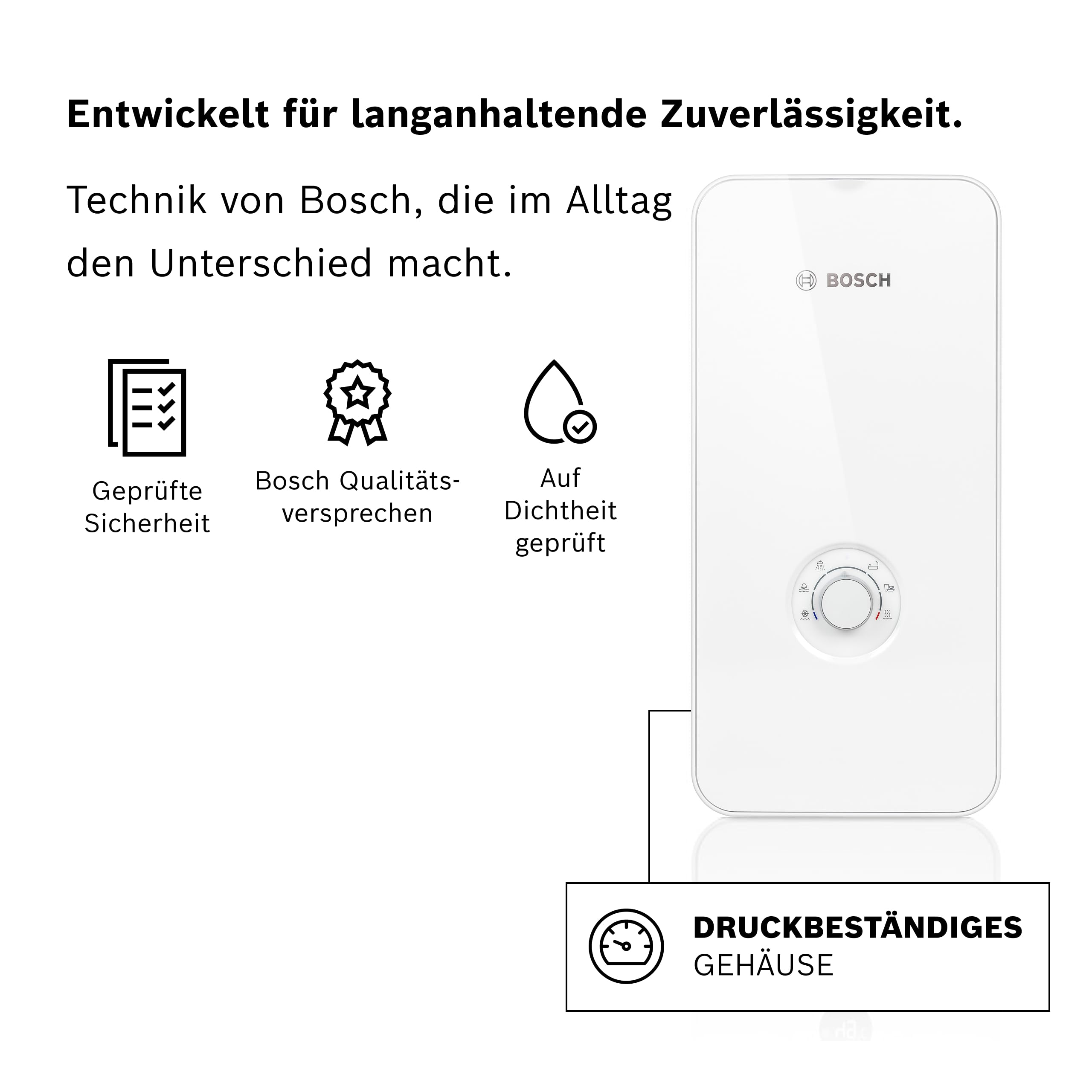 Bosch elektronisch geregelter Durchlauferhitzer Tronic Comfort AquaStop 21/24/27 kW - Umschaltbar, druckfest, stufenlose Temperaturwahl, moderne Glas-Optik, weiß [Energieklasse A]