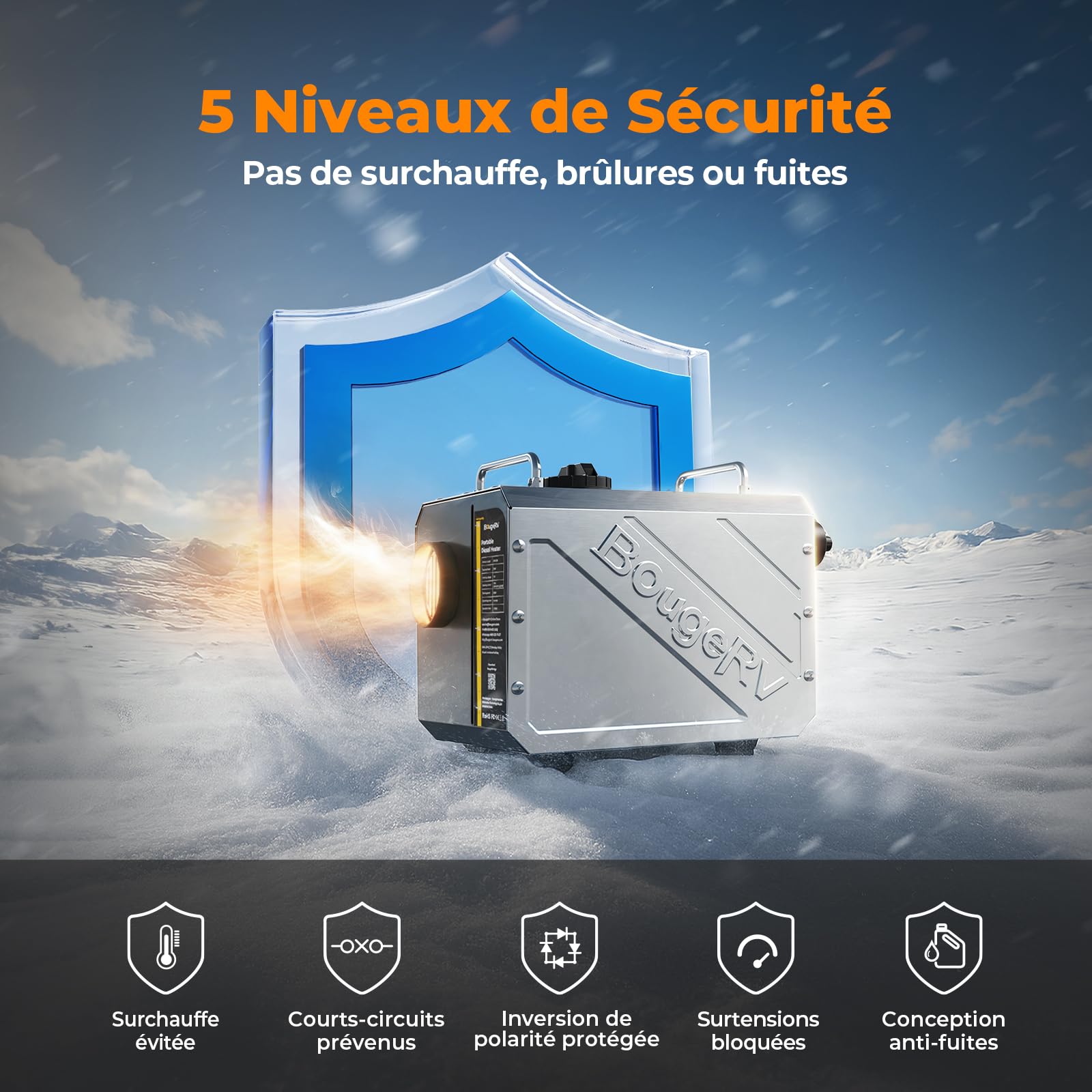 BougeRV Chauffage Diesel 5kW avec Minuteur Pompe Silencieuse Contrôle FB/App Écran LCD Chauffage Stationnaire 12/24V 220V Tout-en-Un Tuyau D'Échappement Vissable Protection Anti-Fuite