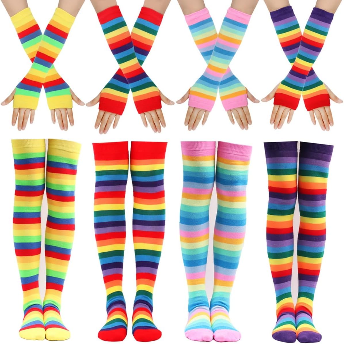 Rainbow Striped Arm Leg Warmers Sleeves Set Rainbow Knee High Socks Warm Fingerless Gloves for Women - Image 3