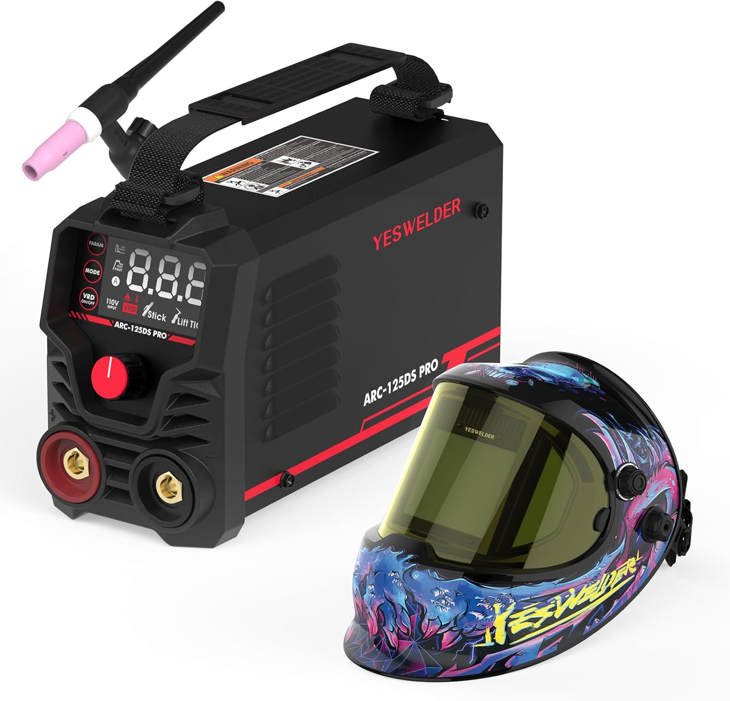 YESWELDER 125A Mini Stick Welder with Lift TIG Torch, Large LED Display & Large Viewing True Color Solar Powered Auto Darkening Welding Helmet with SIDE VIEW