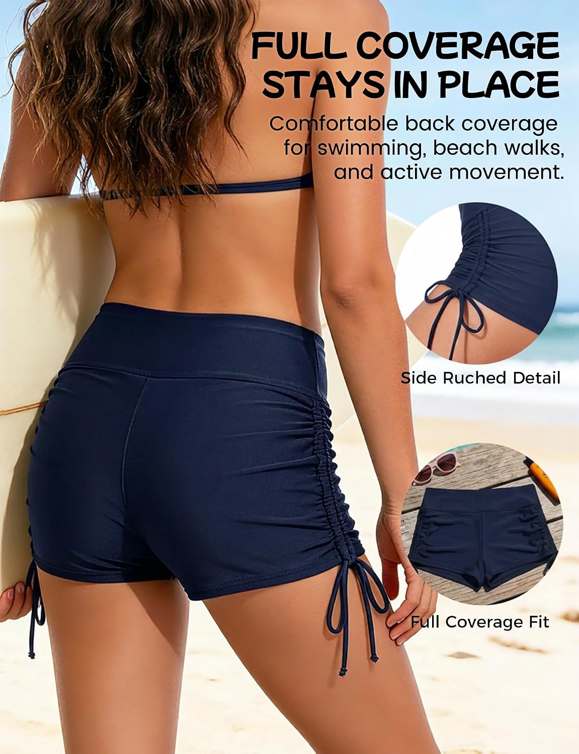 Buauty Women's Swim Shorts High Waisted Bathing Suit Bottoms Adjustable Side Tie Swimsuit Boy Short Pants Swimwear UPF57+ Navy Blue