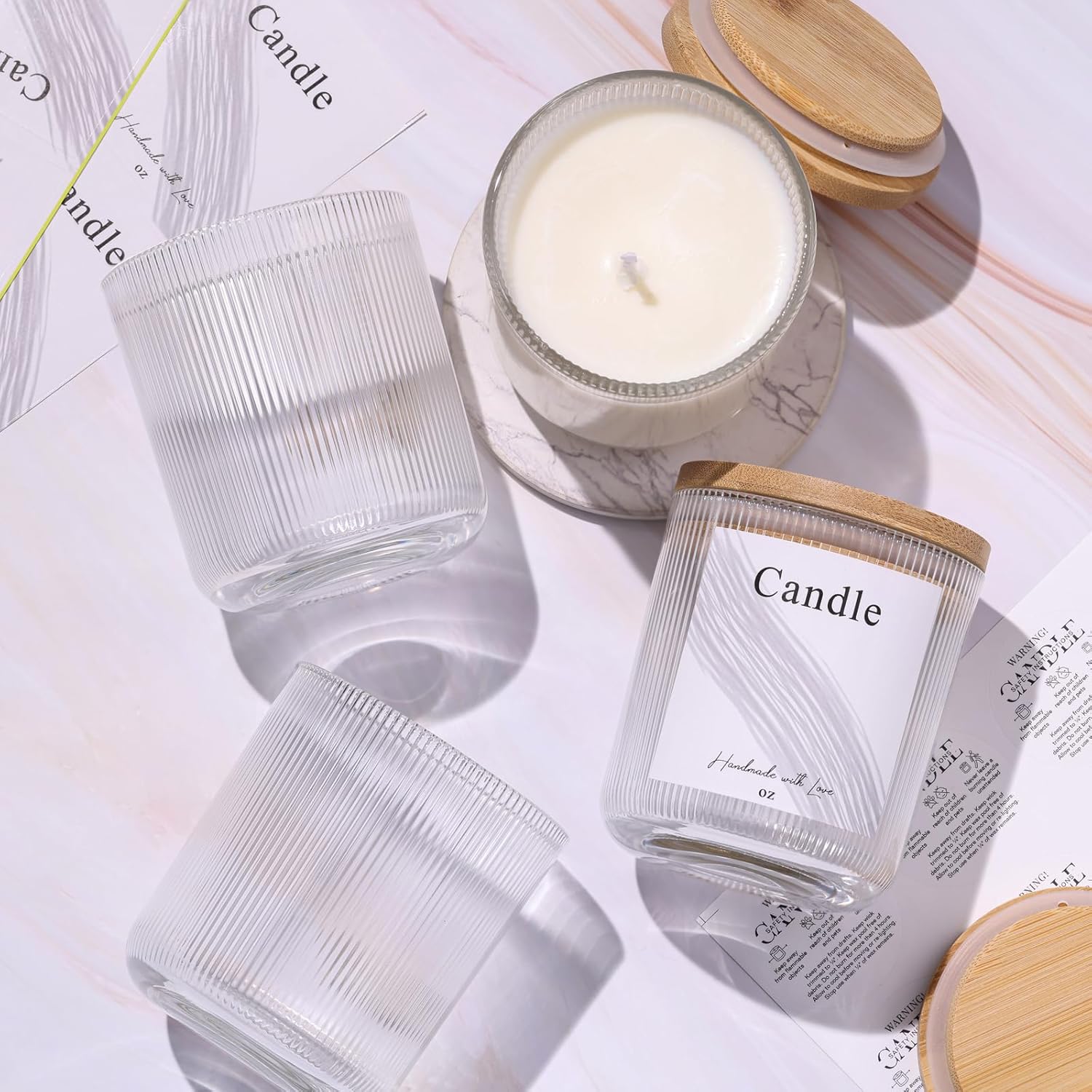 LAMORGIFT 10 oz Glass Candle Jars, 9 Pack Candles Jars for Making Candles, Inner Ribbed Candle Containers Vessels Bulk with Labels for Home Decor/Holiday Gift Crafting- Clear