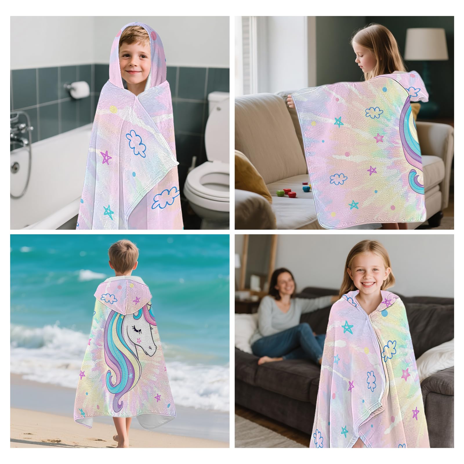 Toallas de baño con capucha de unicornio para niños, toalla ligera con capucha de secado rápido de 30 x 50 pulgadas, toallas de baño de teñido anudado para playa, alberca, viajes