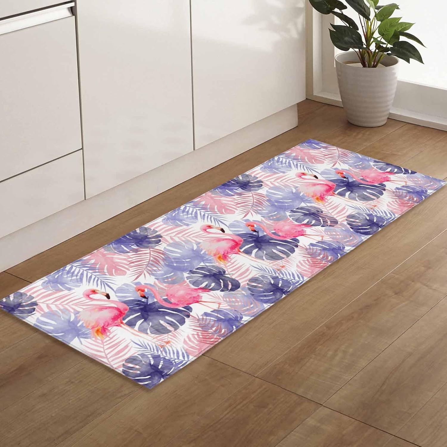 Teamery Kitchen Mats for Floor Summer Flamingo Monstera Washable Non Slip Kitchen Rugs 1PCS, Tropical Animal Pink Purple Leaf Absorbent Standing Mats for Sink Bathroom Office Living Room 23.6x70.9in