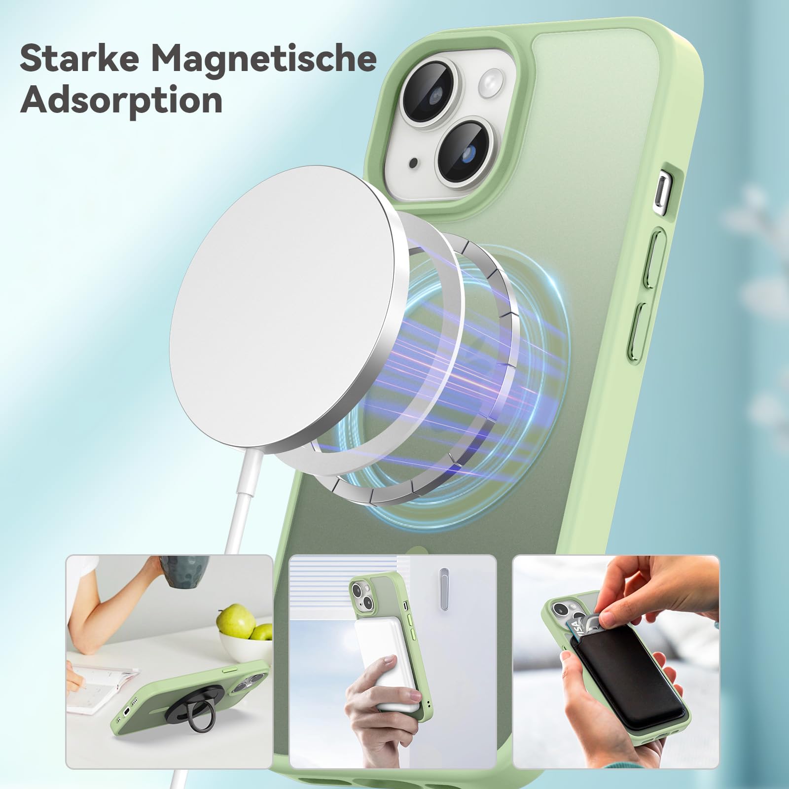 Natiiozie Magnetica Cover per iPhone 13/iPhone 14 Compatibile con MagSafe Custodia Traslucida Opaca Posteriore, Antiurto Anti-impronta Resistente ai Graffi Protettiva Case verde chiaro