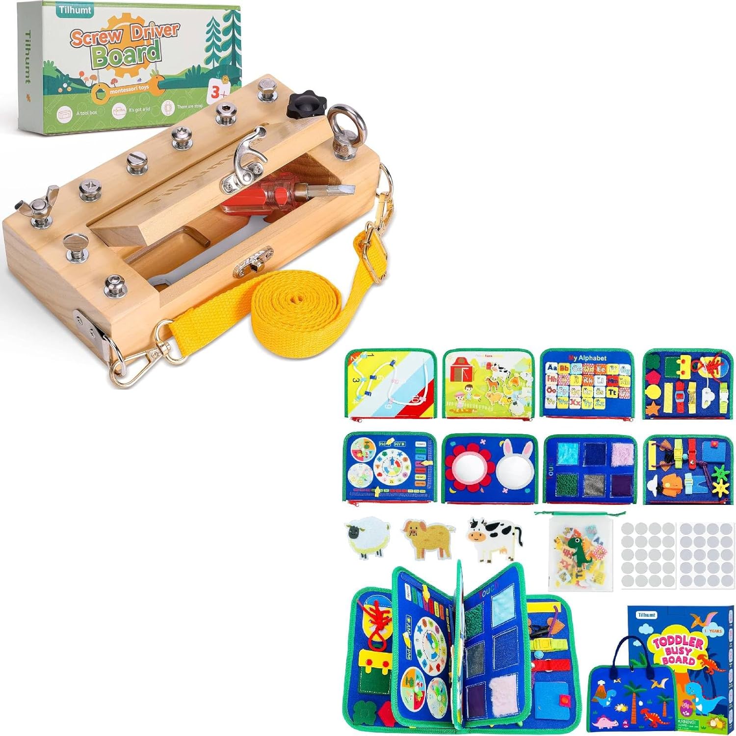Tilhumt Montessori Screwdriver Board Set with 8 in 1 Toddler Busy Board Book, for 3-5 Toddlers for Travel Quiet Learning Sensory Toys, Felt Busy Book for Baby Educational Activities Fine Motor Skills