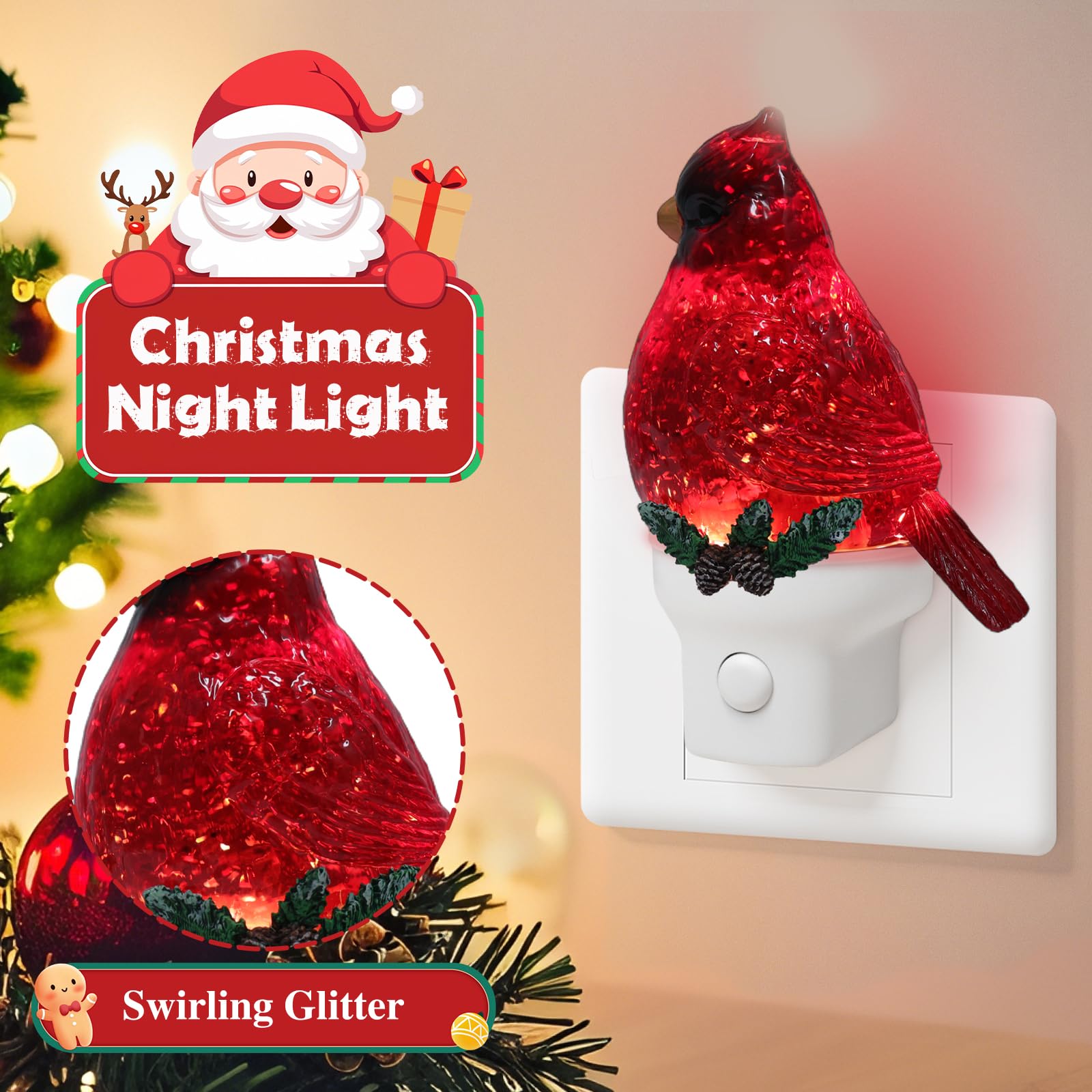 Weihnachtskardinal-Nachtlicht zum Einstecken in die Wand, Glitzer-Wasser-Nachtlicht mit USB/Steckdosen-Optionen, Weihnachtsdekorations-Nachtlicht für Schlafzimmer, Küche, Kinderzimmer, Flur