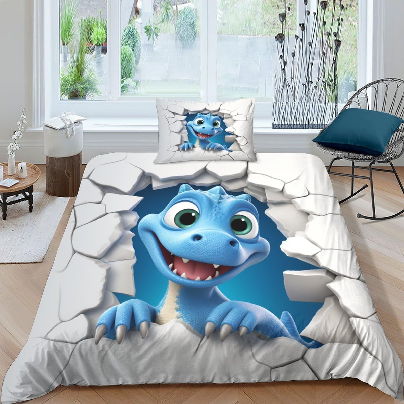 Housse de couette dinosaure 135x200 cm avec taie d'oreiller parure de lit microfibre enfant
