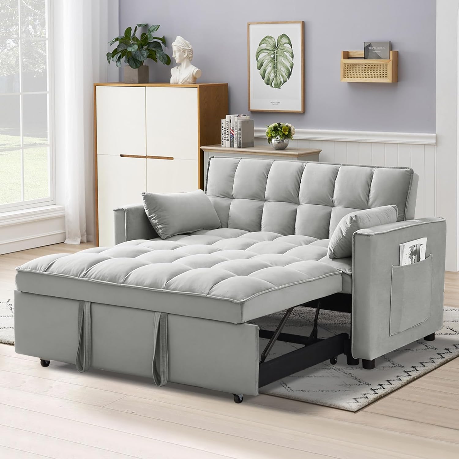 3 in 1 Convertible Sofa Bed Pull Out Loveseat with Adjustable Backrest Velvet Couch with Pocket Cushions Perfect for Small Spaces Living Room Bedroom Apartment Home Office(Grey)