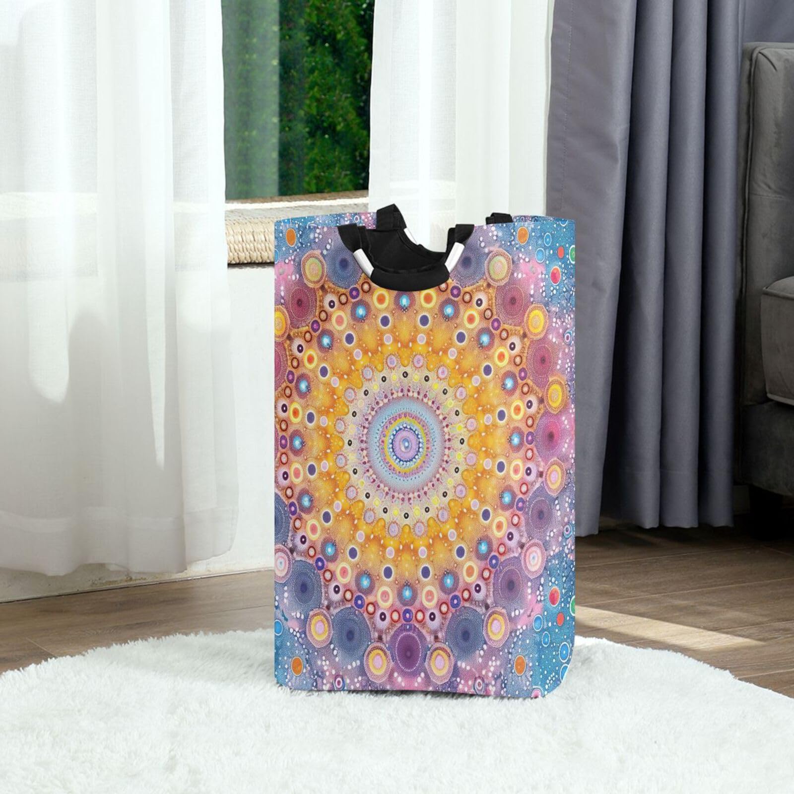Jihqo Laundry Hamper Basket Beautiful Mandala Colorful Collapsible Nursery Storage Bin Waterproof Clothing Baskets for Home Bedroom Bathroom Washing Room