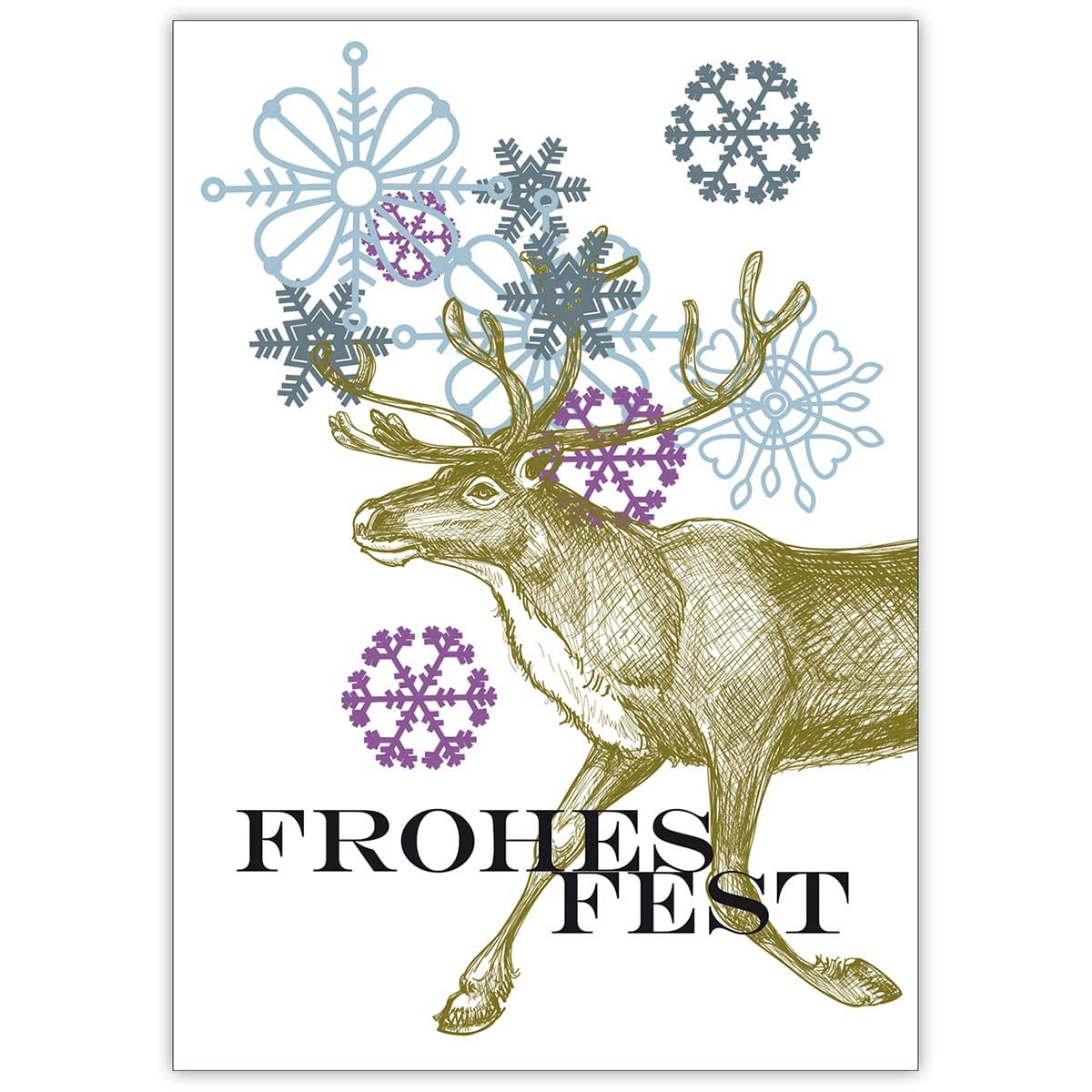 20er Weihnachtskarten Set Edle stilvolle Weihnachtskarten mit Hirsch zwischen Schneeflocken, mit ihrem Innendruck (Var2) Weihnachts Glückwunsch zu Neujahr: Frohes Fest