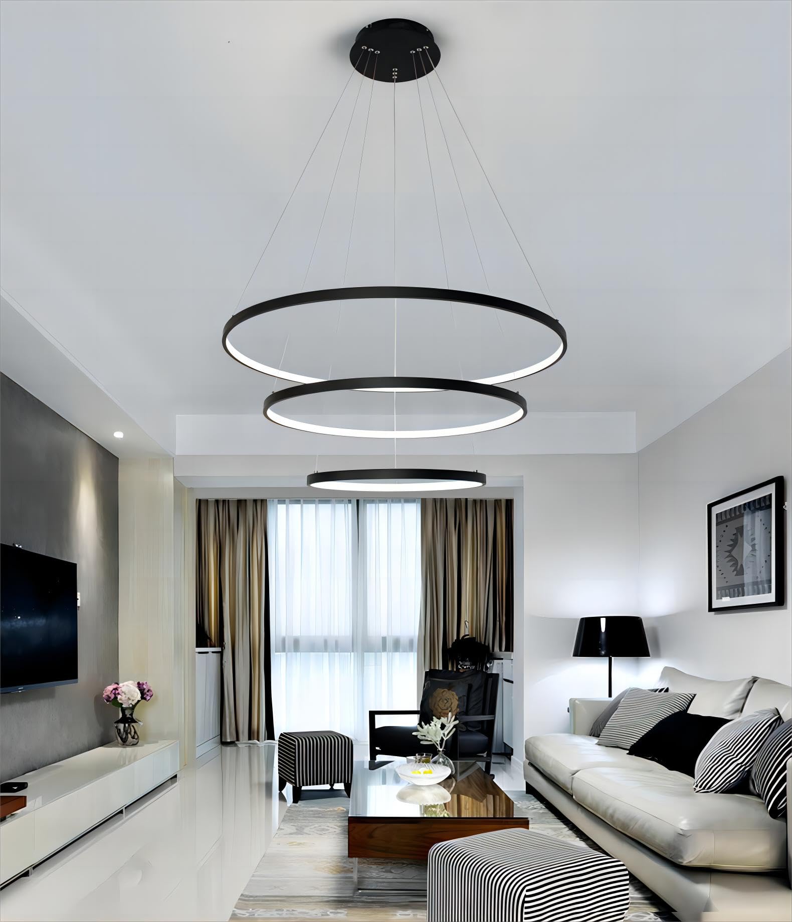 LED Hängeleuchte Dimmbar Pendelleuchte Schwarz Hängelampe mit Fernbedienung 115W, Moderne Ring Deckenleuchte Höhenverstellbar Hängeleuchte Wohnzimmer Esstisch Esszimmer Schlafzimmer 40+60+80cm