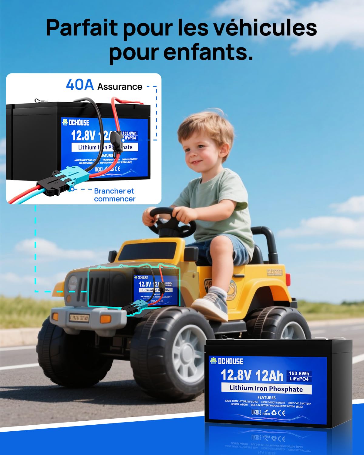 DCHOUSE Batterie au Lithium 12V 12Ah Lifepo4, Connecteur Câbles et Port CC | Batterie Lifepo4 Rechargeable de Plus de 4000 Cycles avec BMS 15A pour Bateau, Jouet à Enfourcher