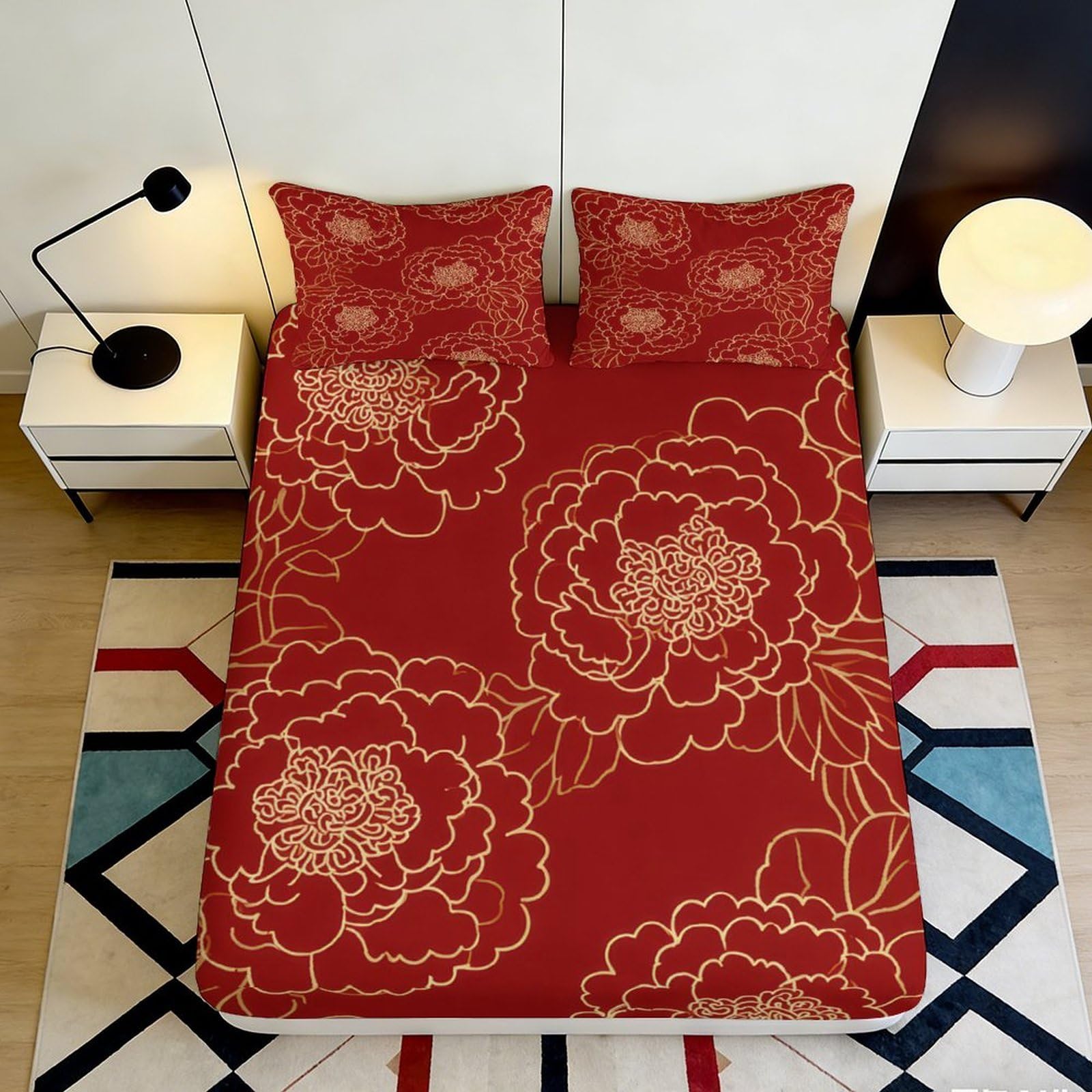 3D Printed Peony Floral Fitted Sheet Microfiber Red Artistic Blossom Bed Cover for Bedroom Guest Room Decor 90x200x25cm