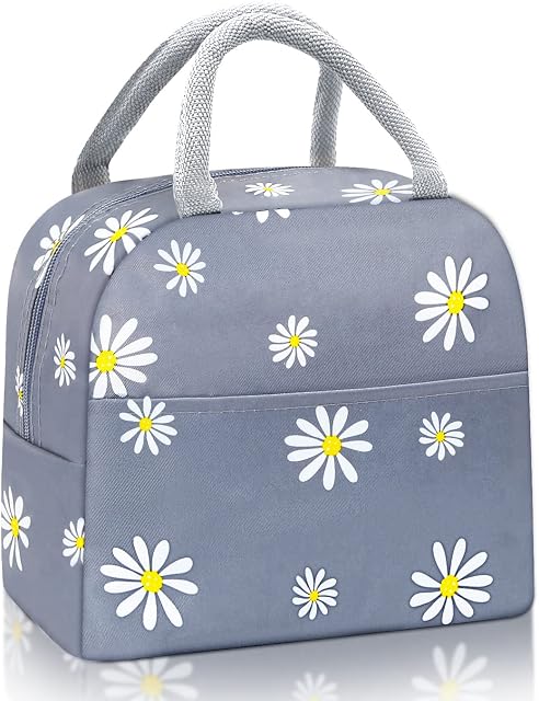 Beeannavot Lunch Bags for Women Insulated Lunch Cooler Bags with Front Pocket Portable Thermal Leak-Proof Lunch Bag for Men Adults Girls Children Work Outdoor Picnic (Grey-Daisy)