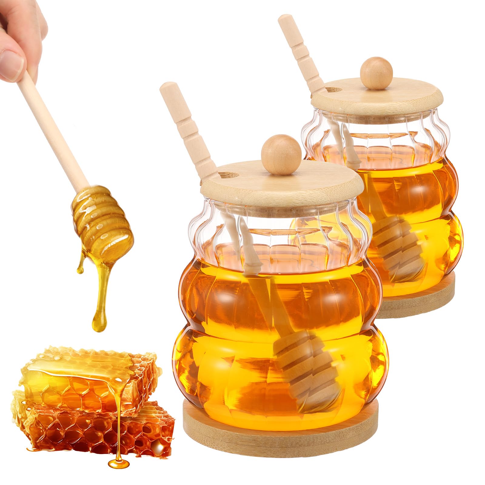 Kuanght Clear 2Pcs Glass Honey Jar 450Ml Syrup Container With Wooden Base, Dipper And Lid, Honey Dispenser For Storing Syrups, Jam, Caramel And Molasses, Sealed Syrup Pot For Home And Restaurant