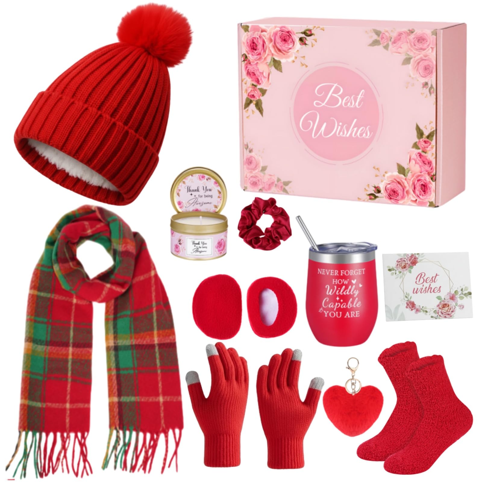 11 Pcs Valentine Basket Gifts Set for Women Knitted Winter Beanie Hat Gloves Scarf Earmuff Candle Sock Tumbler Box-image-45