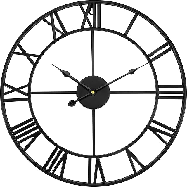 Foxtop Large Wall Clock for Living Room, Silent 47cm Oversized Non-Ticking Modern Decorative Skeleton Clock Roman 3D Numbers Easy to Read Round Analogue Metal Clock (18.5 Inch, Black)